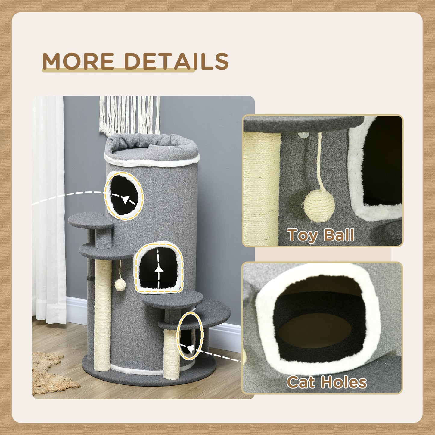 Barrel Shaped Cat Tree with Sisal Scratching Posts, Cat Bed, Platforms & Hanging Ball (Grey)-4