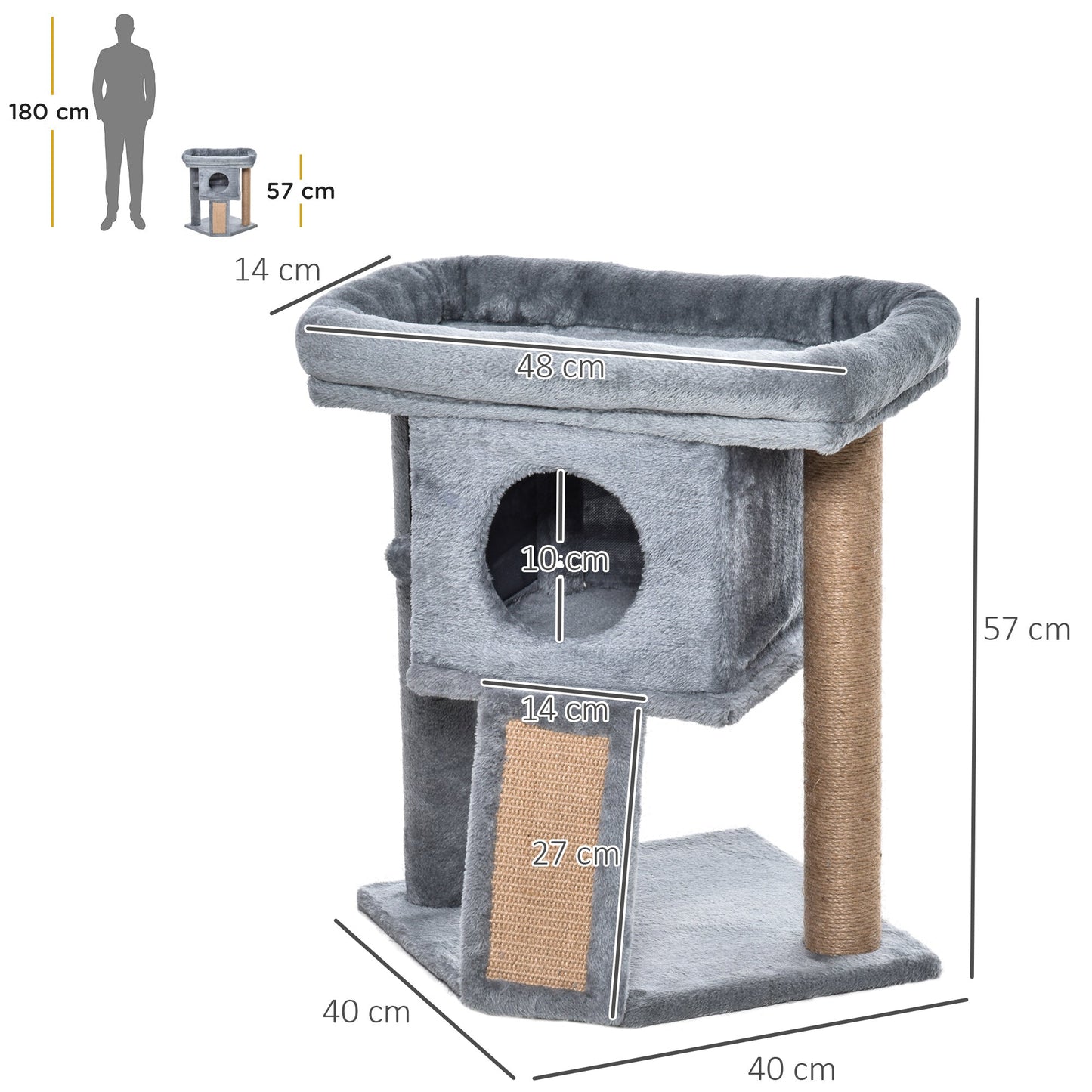 Cat Tree Tower for Indoor Cats Climbing Activity Center Kitten Furniture with Jute Scratching Pad Ball Toy Condo Perch Bed 40 x 40 x 57cm Grey-2