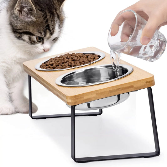 Elevated Cat Bowls with Wooden Stand
