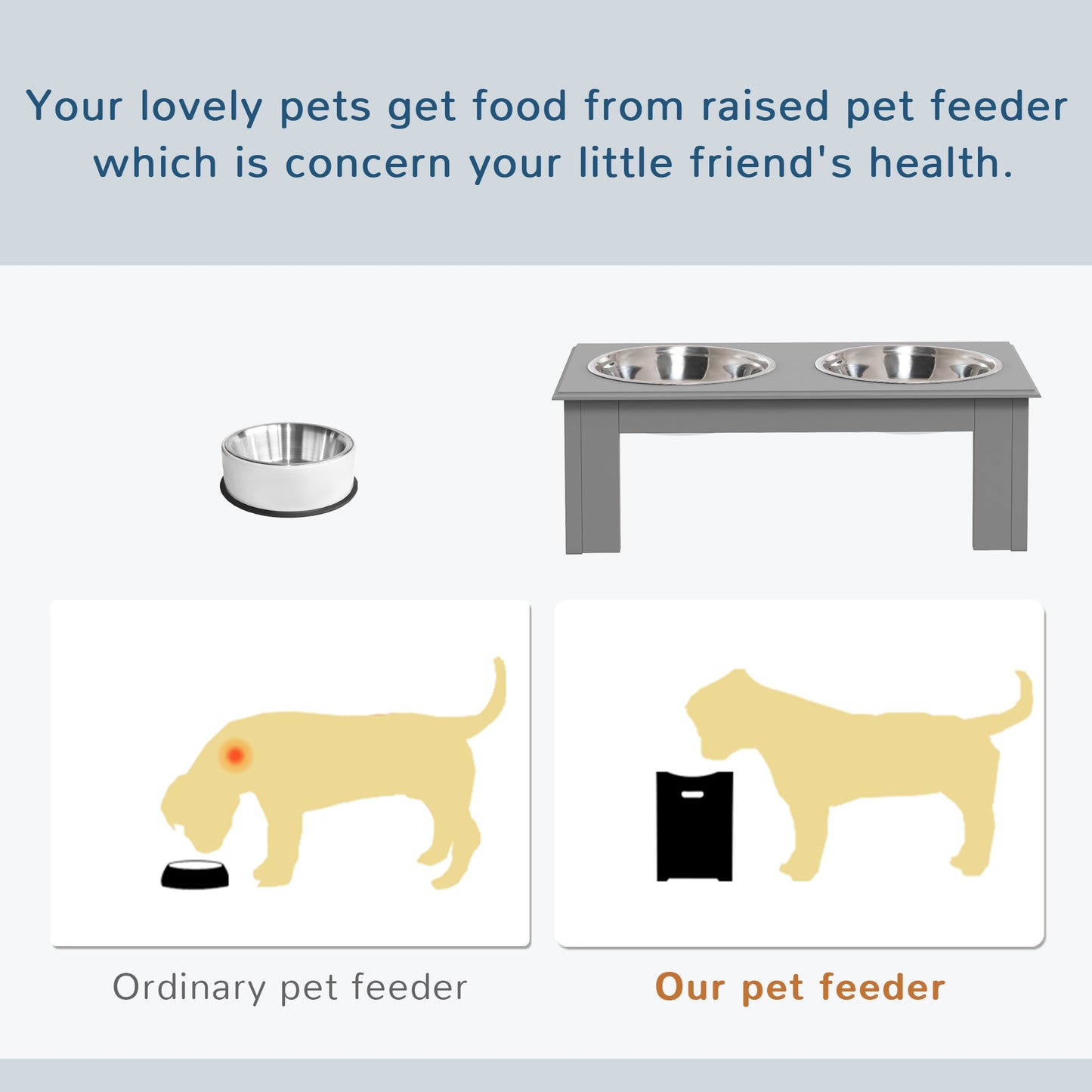 Raised Dog Feeding Bowls with Stand, Stainless Steel for Extra Small and Small Dog, 44L x 24W x 15H cm - Grey-3
