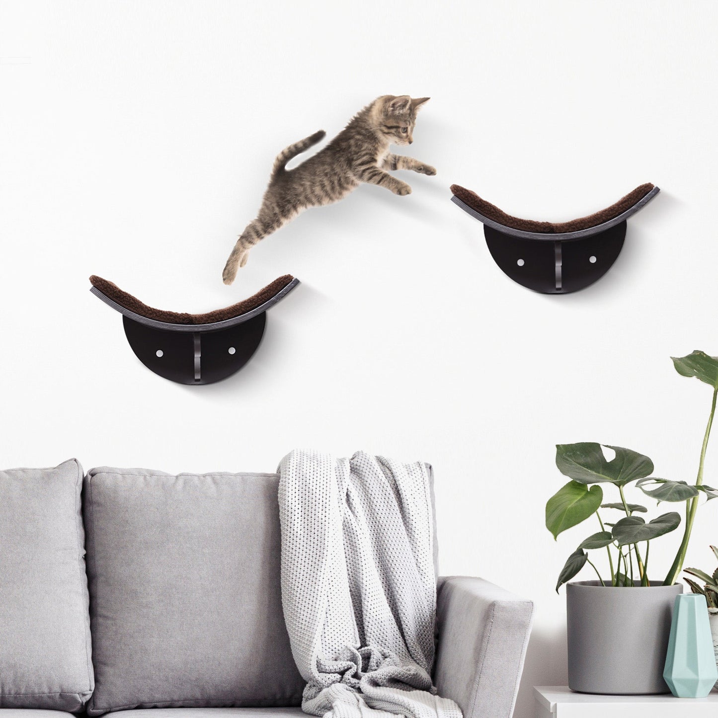Cats Wall-Mounted MDF Shelf Bed w/ Fleece Cushion Brown-1