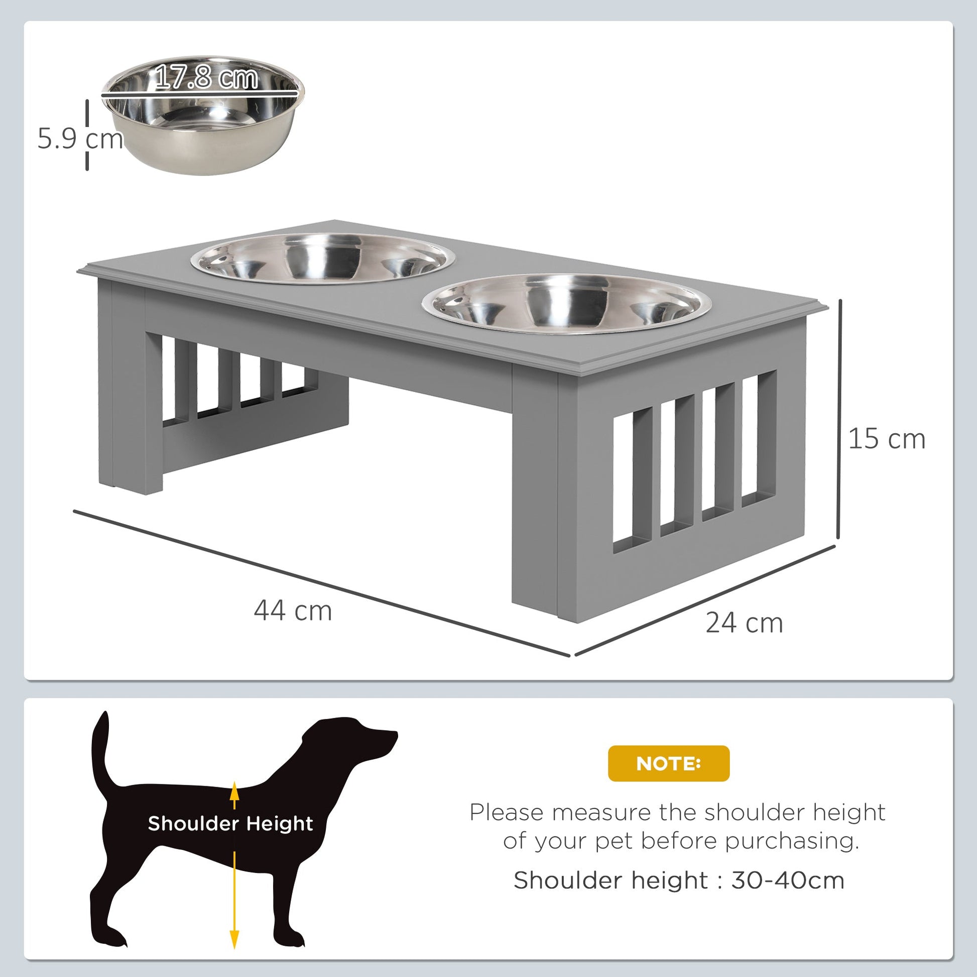 Raised Dog Feeding Bowls with Stand, Stainless Steel for Extra Small and Small Dog, 44L x 24W x 15H cm - Grey-2