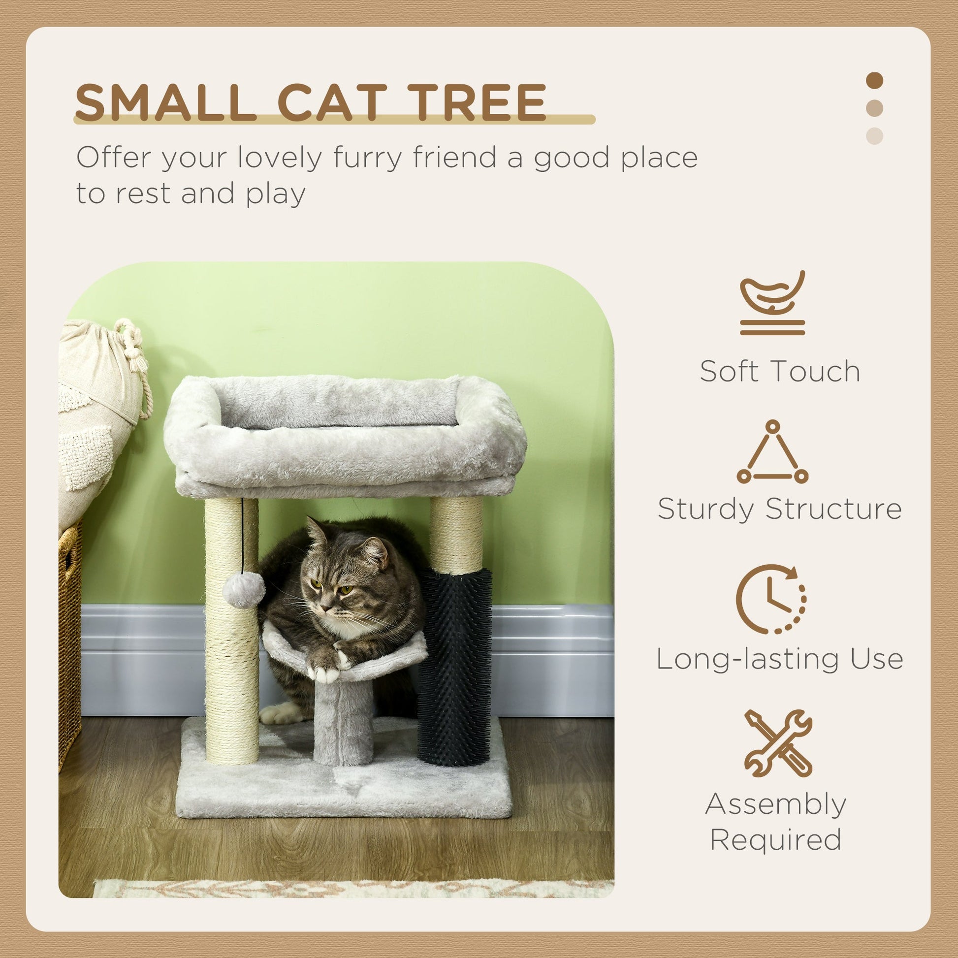 48cm Cat Tree, Cat Tower with Cat Self Groomer Cat Scratching Post with Hanging Ball, Self Groomer and Perches, Grey-3