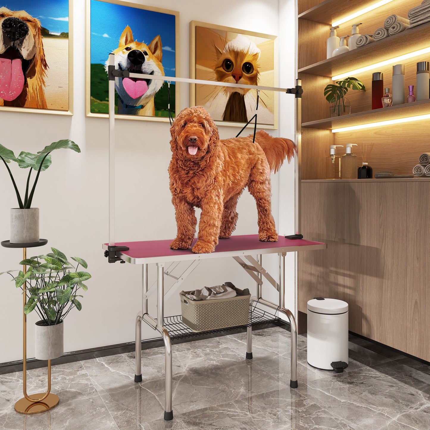 42" Dog Grooming Table, Adjustable Pet Cat Drying Beauty Table with 2 Loops Storage Basket, Rubber Top, Pink-1