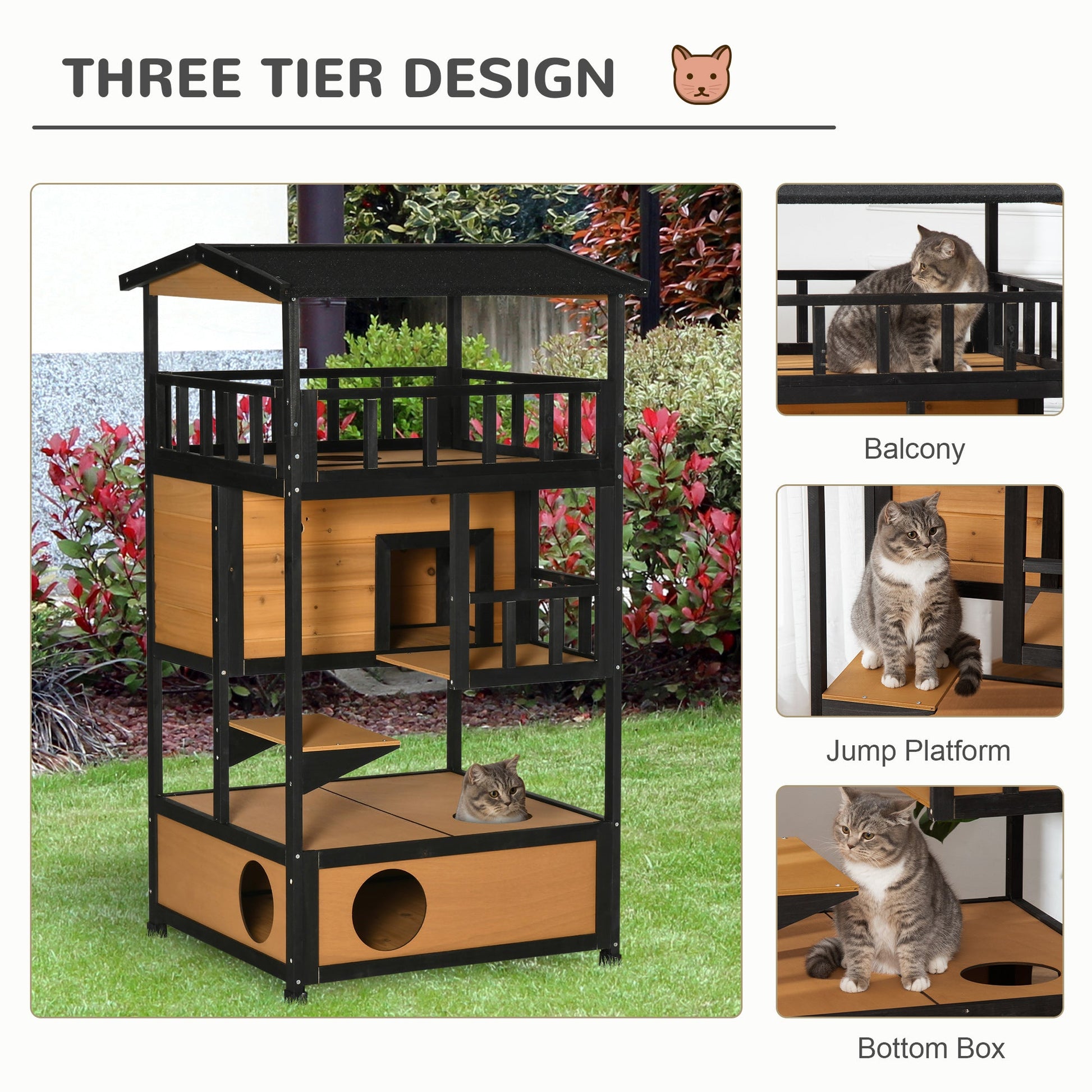 Wooden Cat House 3-Tier for Winter Kitten Shelter Lodge w/ Tilted Roof Terrace Jump Step Bottom Tray Elevated Base, Yellow-3