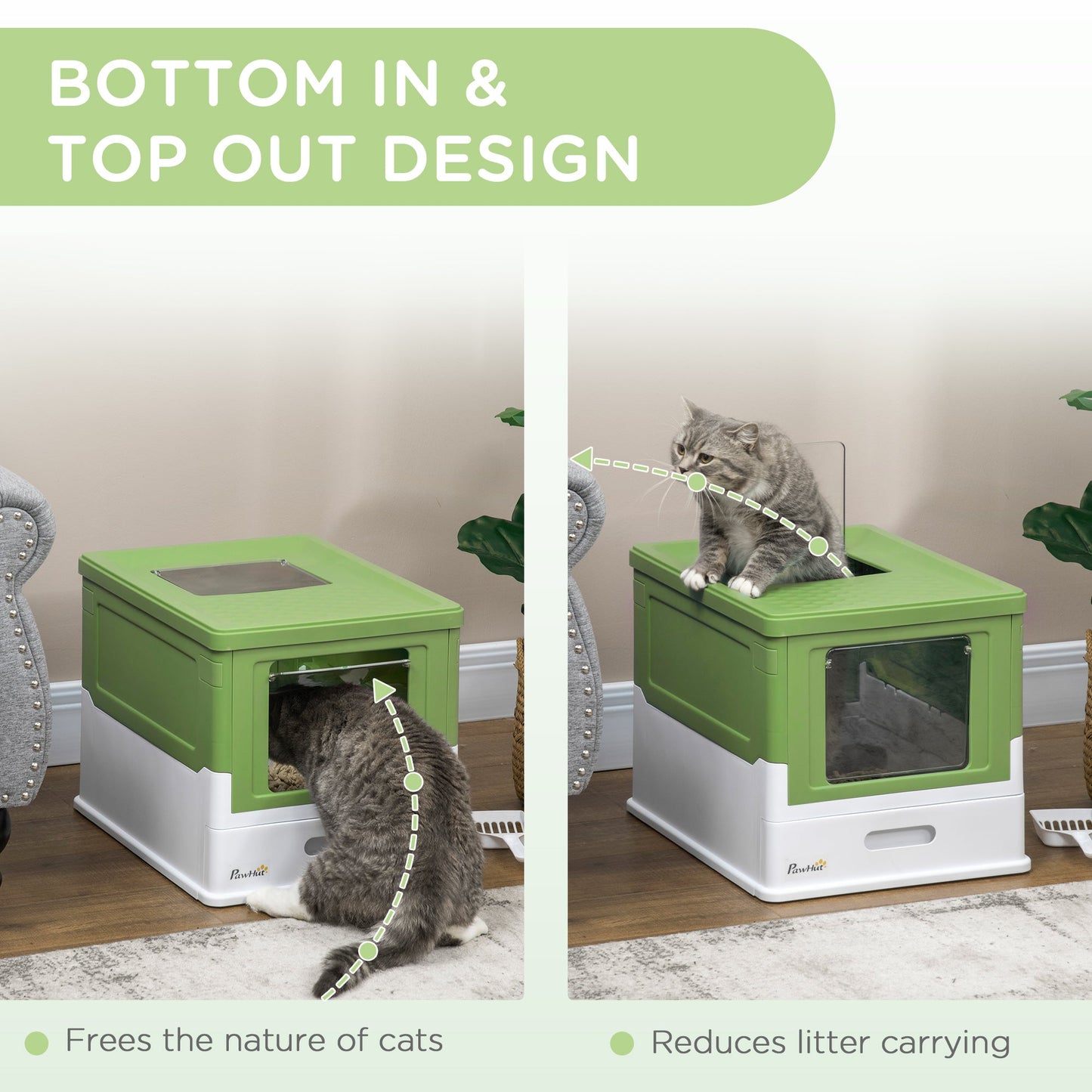Hooded Cat Litter Box, Portable Pet Toilet, with Scoop, Front Entry - Light Green-4