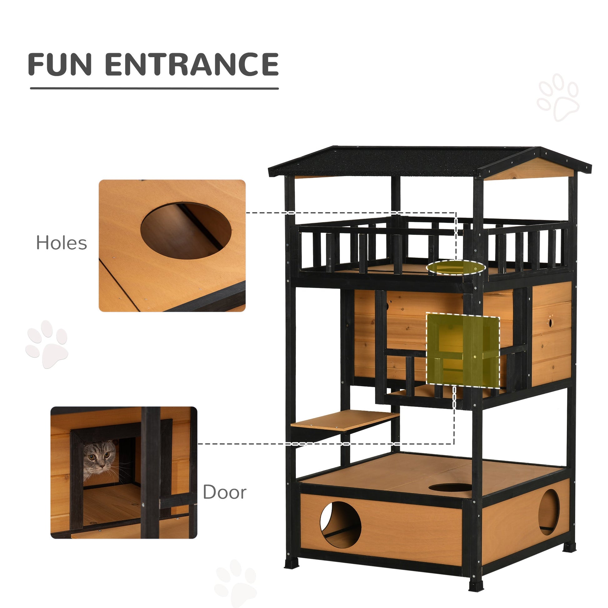 Wooden Cat House 3-Tier for Winter Kitten Shelter Lodge w/ Tilted Roof Terrace Jump Step Bottom Tray Elevated Base, Yellow-4