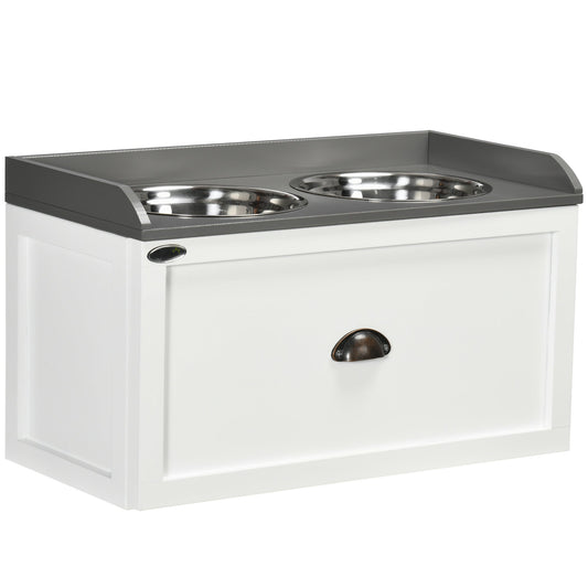 Stainless Steel Raised Dog Bowls with 21L Storage Drawer for Large Dogs and Cats - White-0