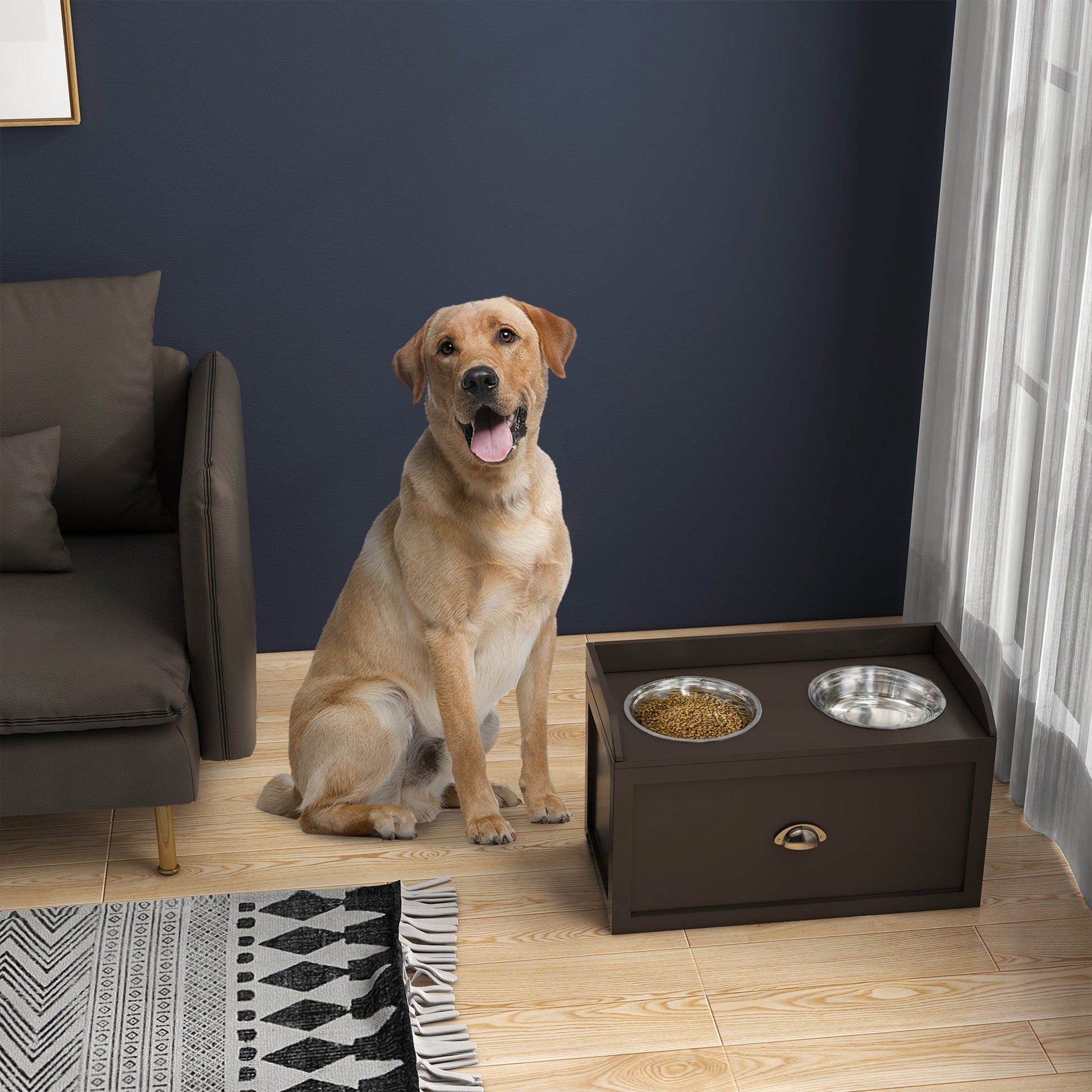 Stainless Steel Raised Dog Bowls, with 21L Storage Drawer for Large Dogs - Brown-1
