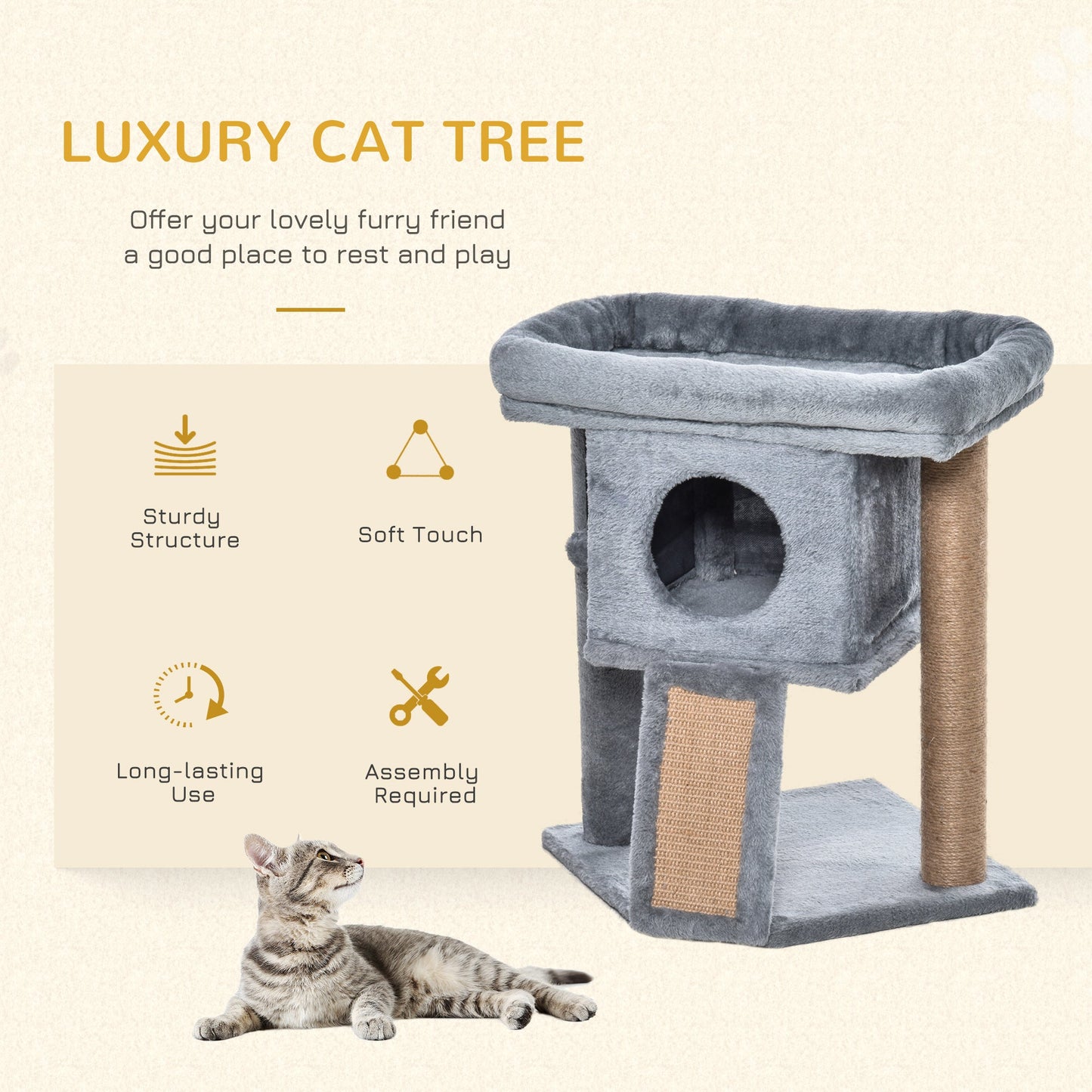 Cat Tree Tower for Indoor Cats Climbing Activity Center Kitten Furniture with Jute Scratching Pad Ball Toy Condo Perch Bed 40 x 40 x 57cm Grey-3