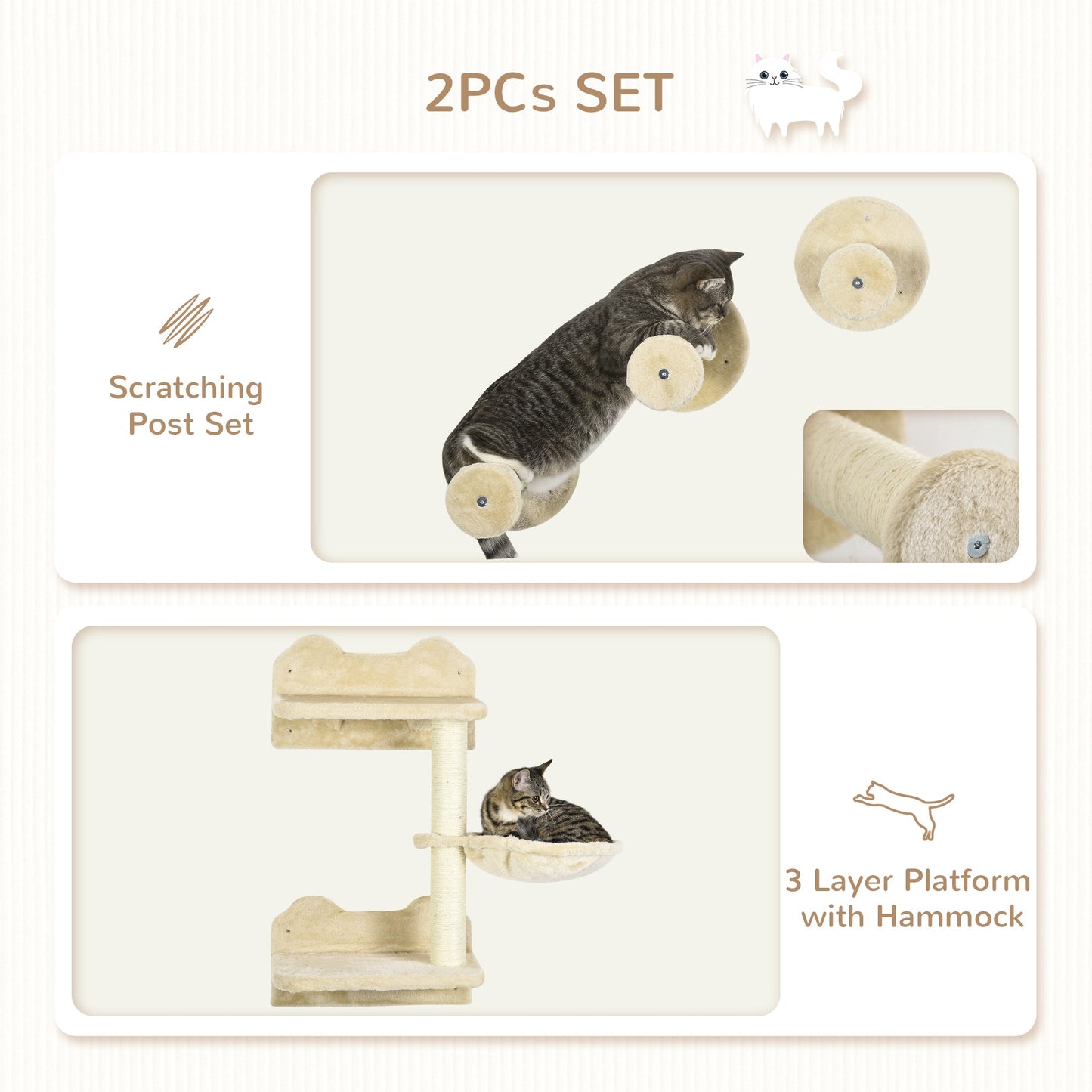 4PCs Cat Shelf, Cat Wall Furniture w/ Hammock, Steps, Platforms, Scratching Post, Wall Mounted Cat Tree for Indoor Cat, Beige-4