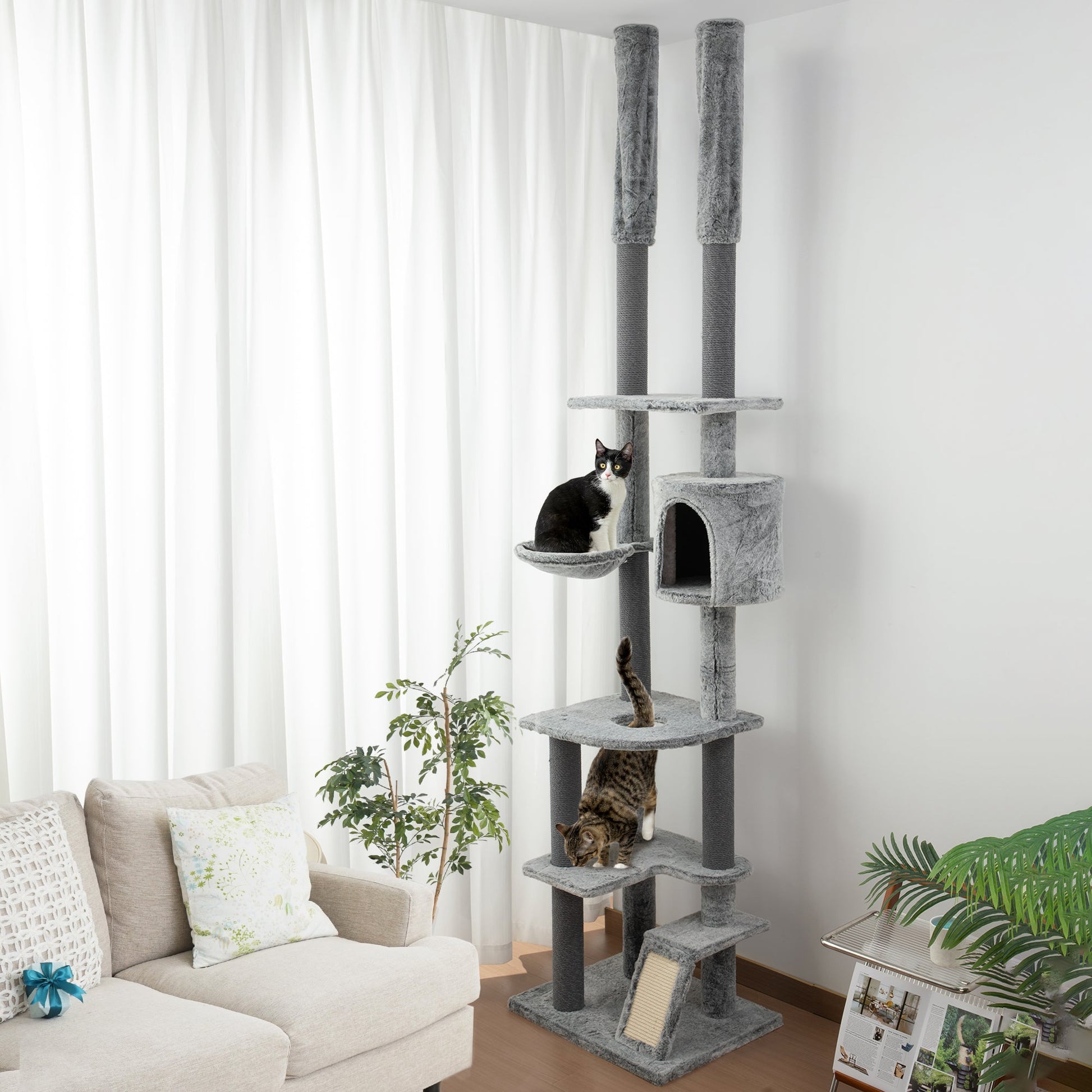 225-255cm Height Floor-to-Ceiling Cat Tree Large Cat Tower w/ Cat Scratching Posts, Ramp, Condo-1