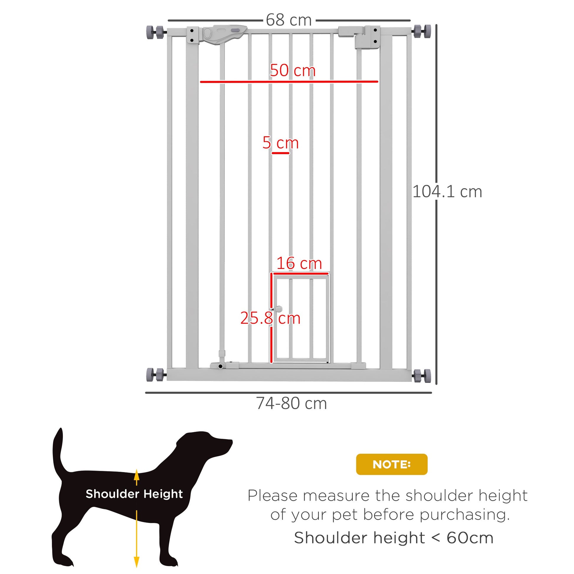 Extra Tall Pet Gate, Indoor Dog Safety Gate, with Cat Flap, Auto Close, 74-80cm Wide - White-2