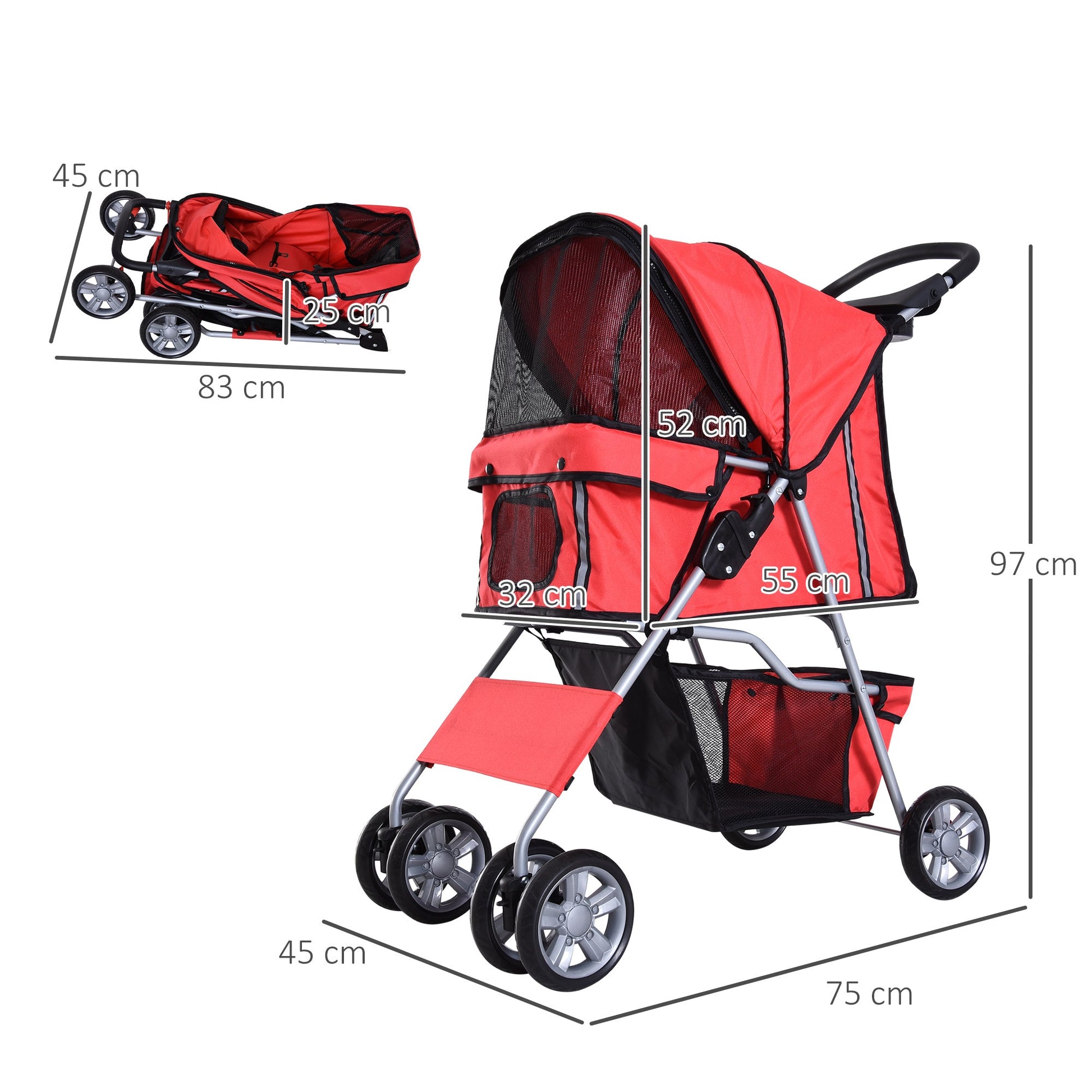 Pet Stroller Dog Pram Foldable Dog Pushchair Cat Travel Carriage w/ Wheels, Zipper Entry, for Small Pets, Red-2