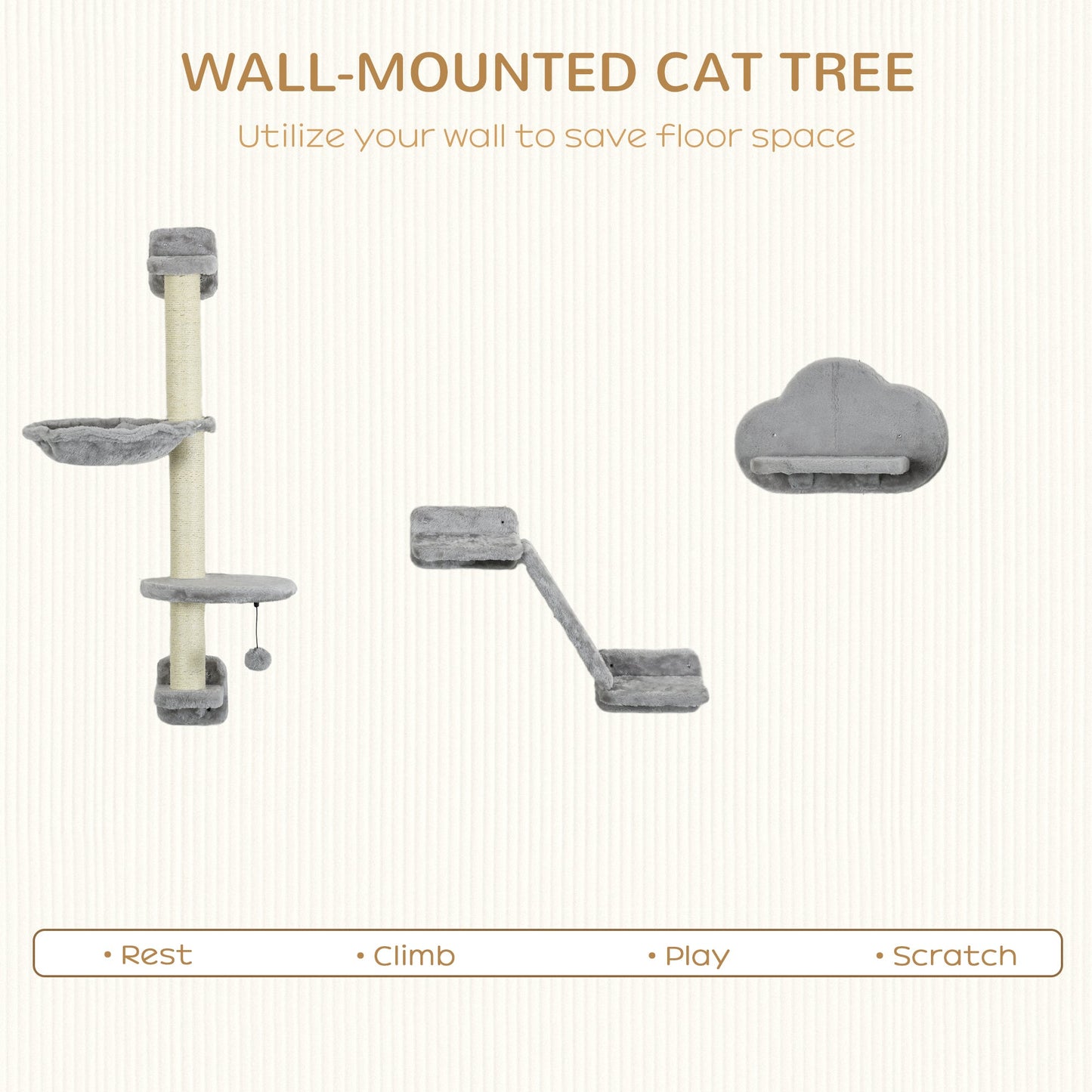 3 Pcs Wall Mounted Cat Shelves, w/ Hammock, Jumping Platform, Ladder, Scratching Post, Cat Wall Furniture w/ Play Ball for Large Cats, Grey-3