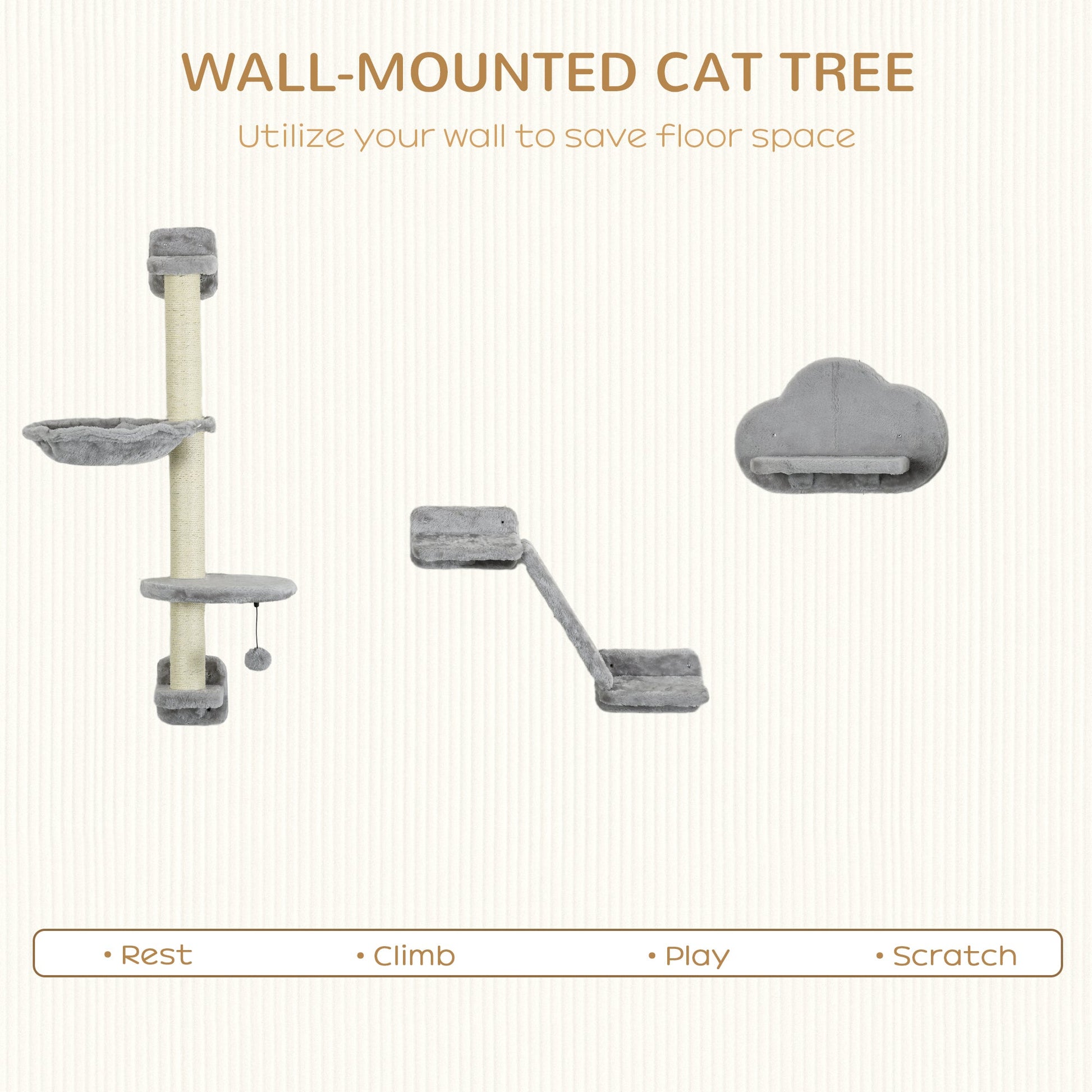 3 Pcs Wall Mounted Cat Shelves, w/ Hammock, Jumping Platform, Ladder, Scratching Post, Cat Wall Furniture w/ Play Ball for Large Cats, Grey-3