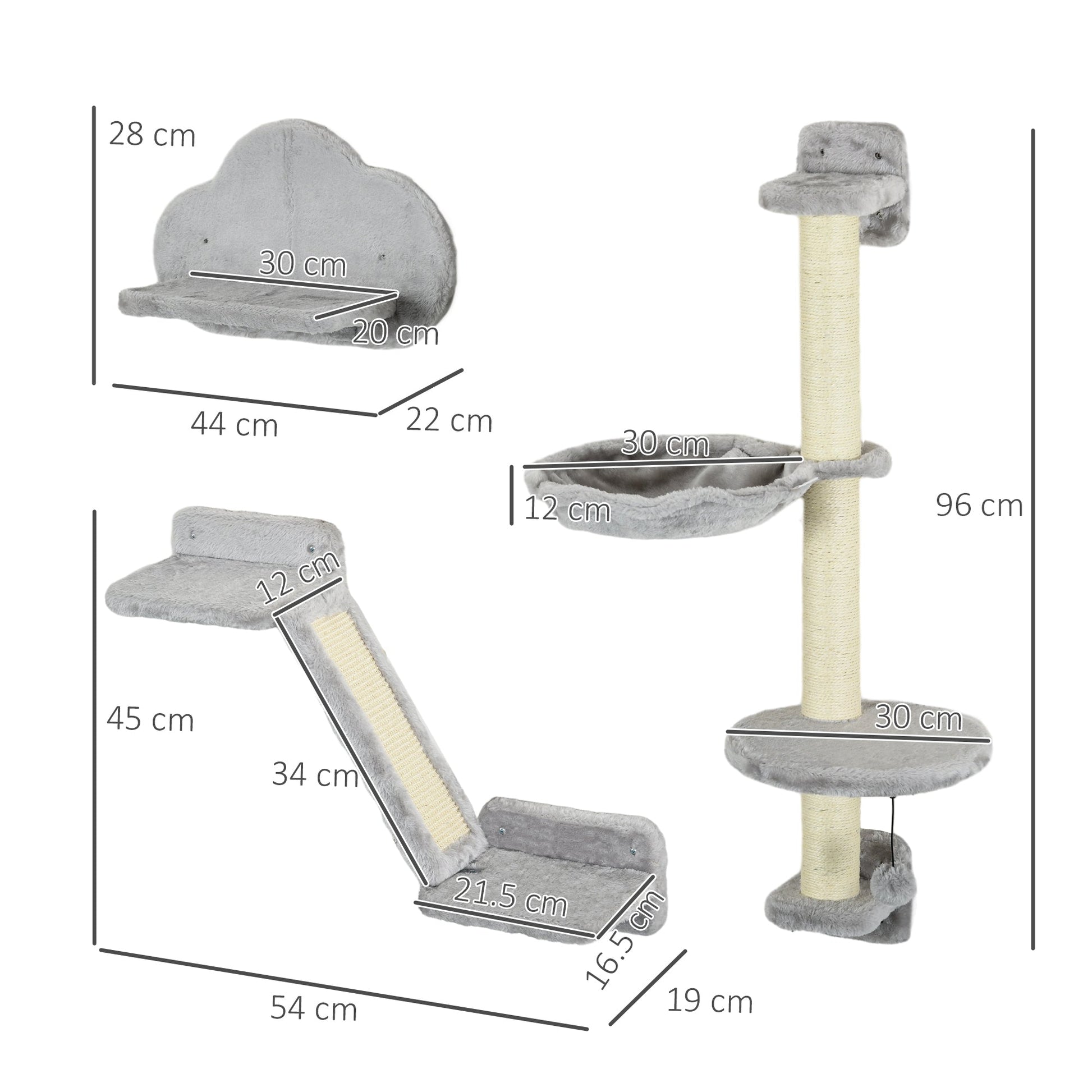 3 Pcs Wall Mounted Cat Shelves, w/ Hammock, Jumping Platform, Ladder, Scratching Post, Cat Wall Furniture w/ Play Ball for Large Cats, Grey-2