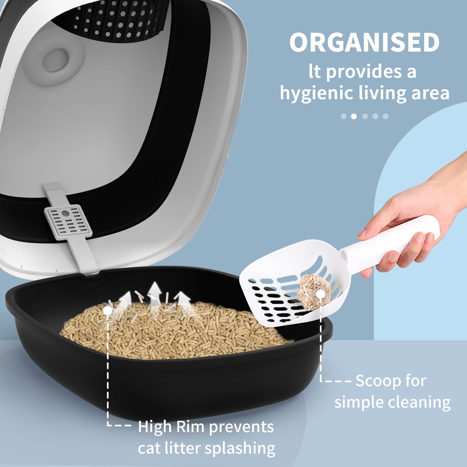 Foldable Cat Litter Tray with Lid, Deodorant, Scoop, Black-4