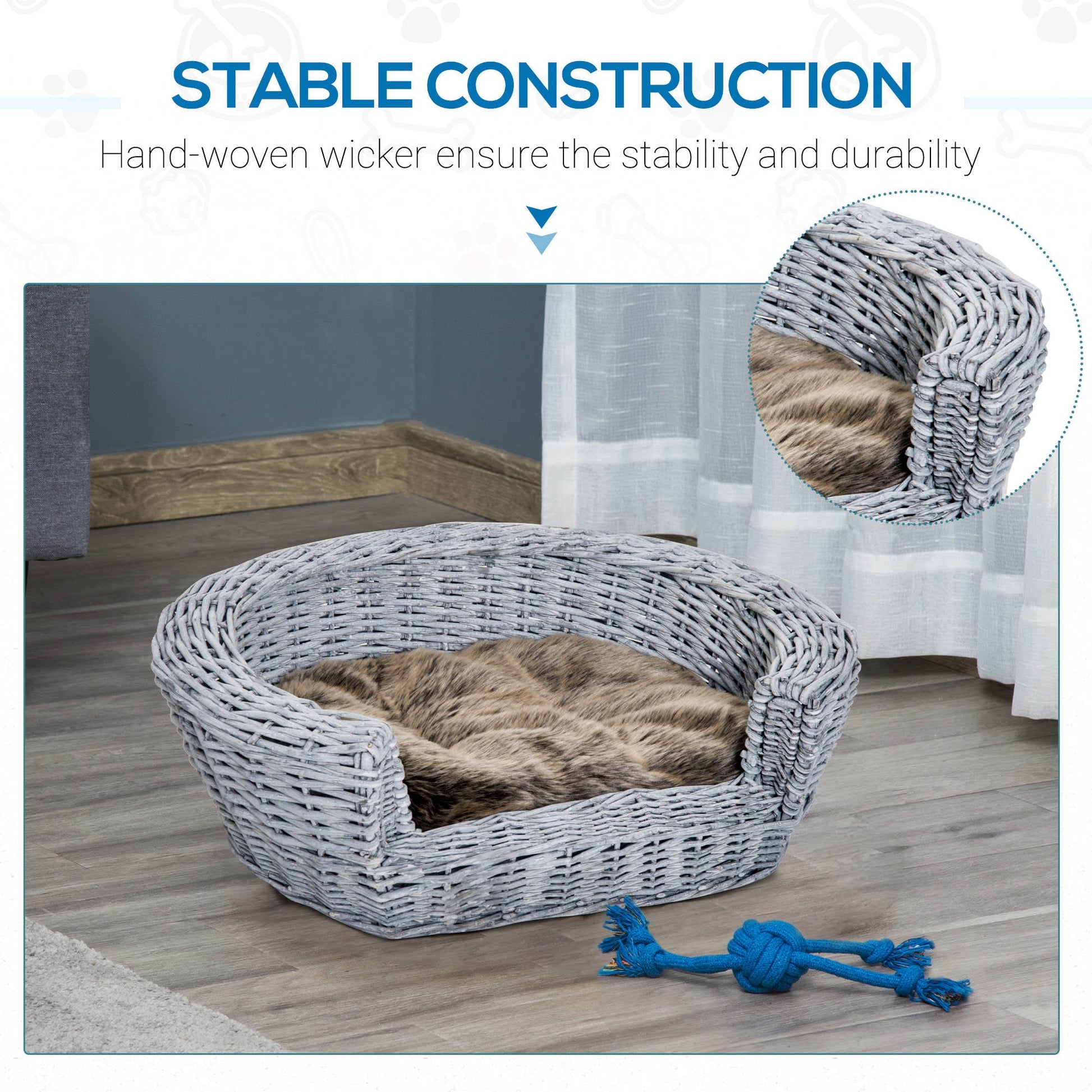 Pet Basket Sofa Bed, 57Lx46Wx17.5H cm, Willow Rattan-Grey-3