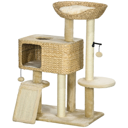 95cm Cat Tree Tower for Indoor Cats, with Scratching Post, Cat House, Toy Ball, Platform - Beige-0