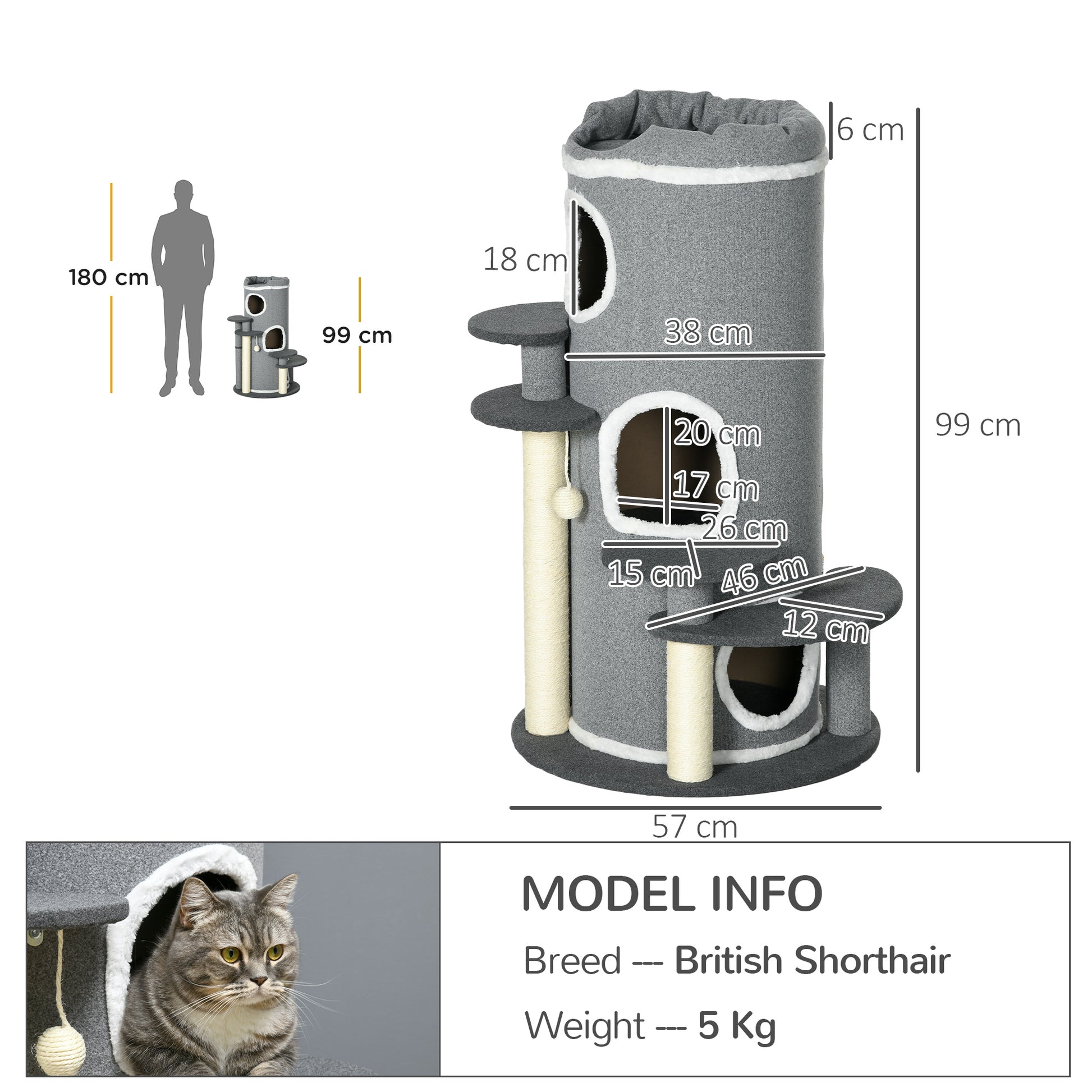 Barrel Shaped Cat Tree with Sisal Scratching Posts, Cat Bed, Platforms & Hanging Ball (Grey)-1