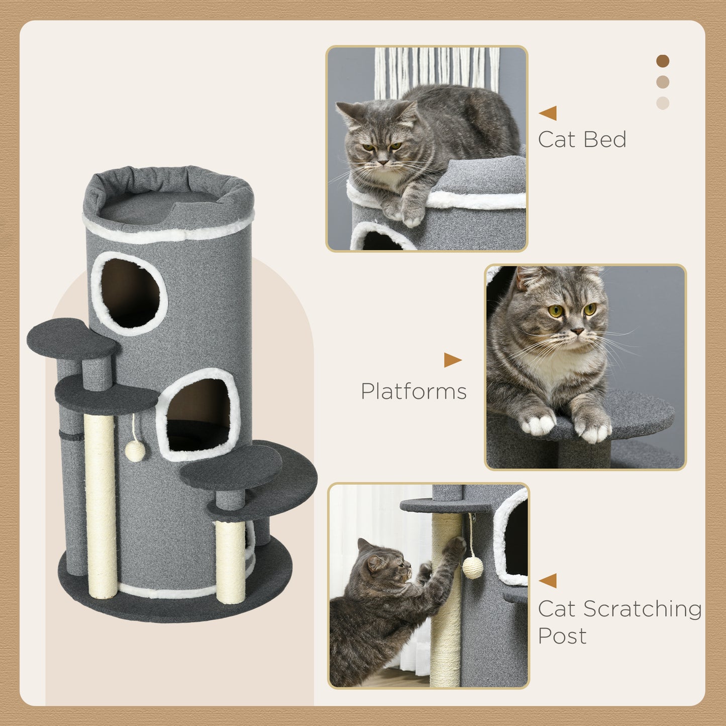 Barrel Shaped Cat Tree with Sisal Scratching Posts, Cat Bed, Platforms & Hanging Ball (Grey)-3