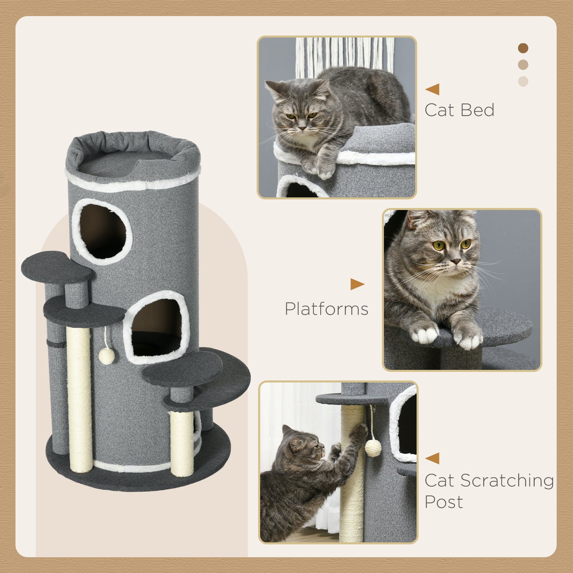 Barrel Shaped Cat Tree with Sisal Scratching Posts, Cat Bed, Platforms & Hanging Ball (Grey)-3