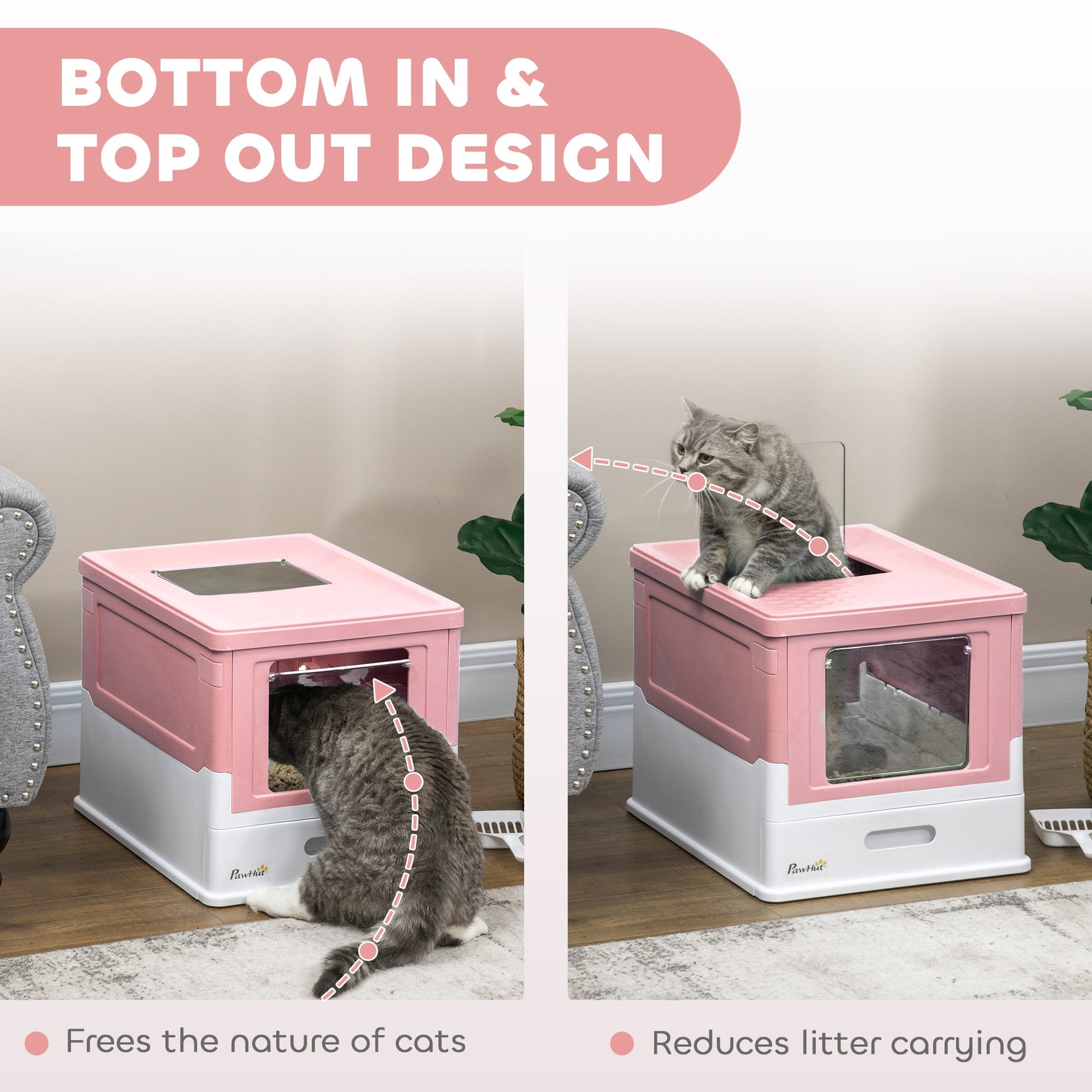 Hooded Cat Litter Box, Portable Pet Toilet, with Scoop, Front Entry - Pink-4