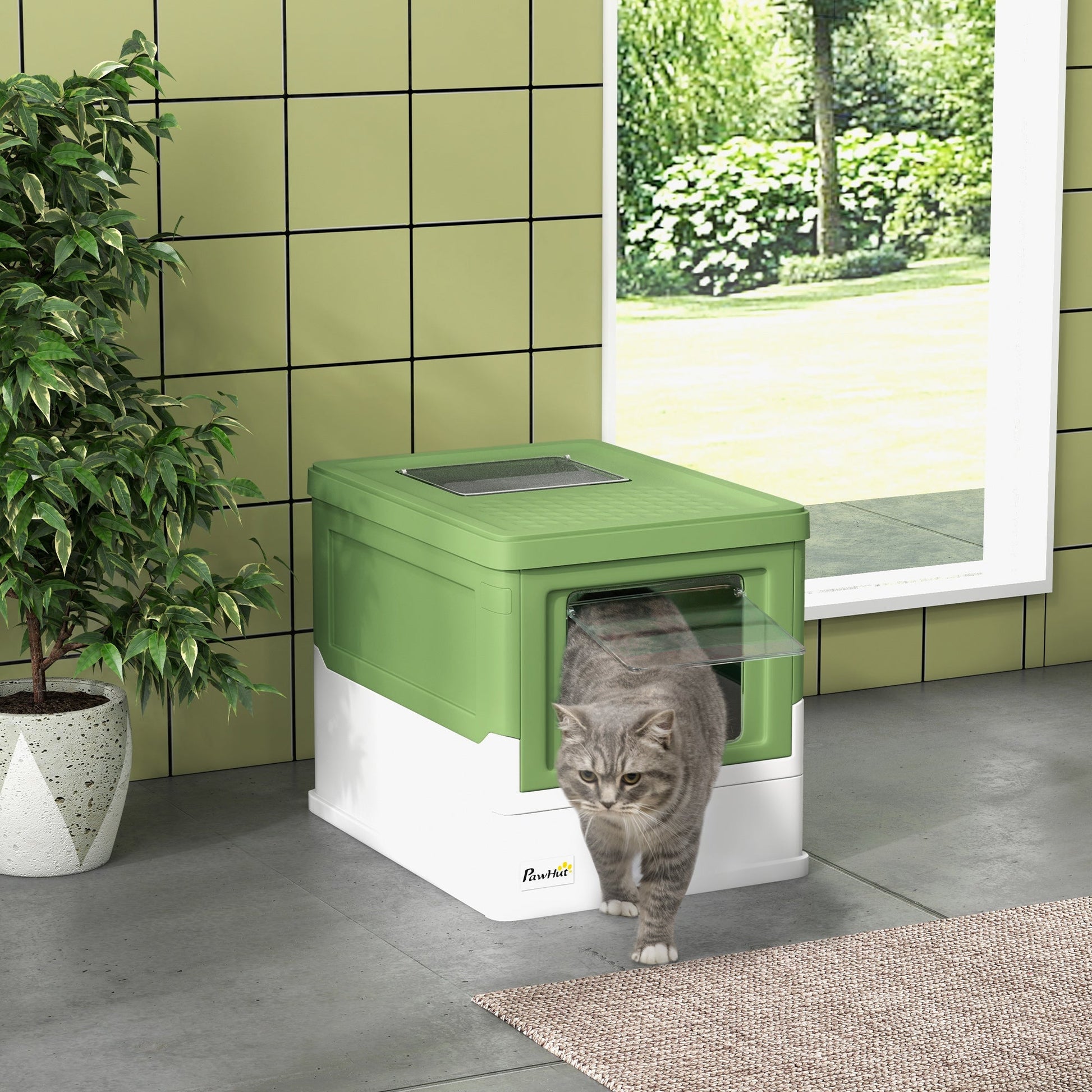 Hooded Cat Litter Box, Portable Pet Toilet, with Scoop, Front Entry - Light Green-1