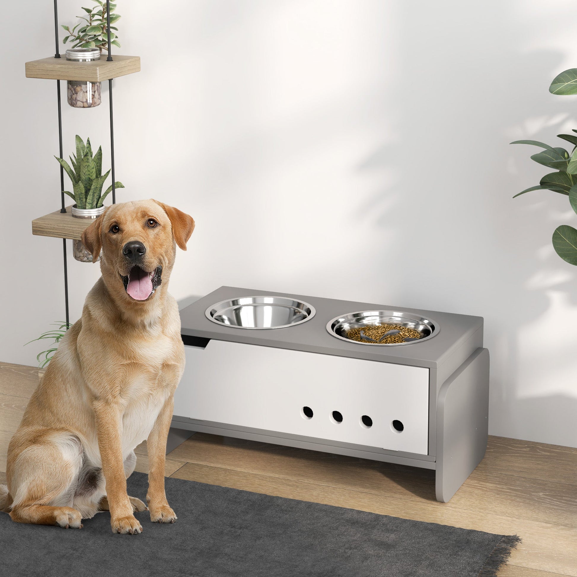 3 Height Adjustable Raised Dog Bowls, Dog Feeding Storage Station w/ Slow Feeder Mat, 2 Stainless Steel Bowls-1