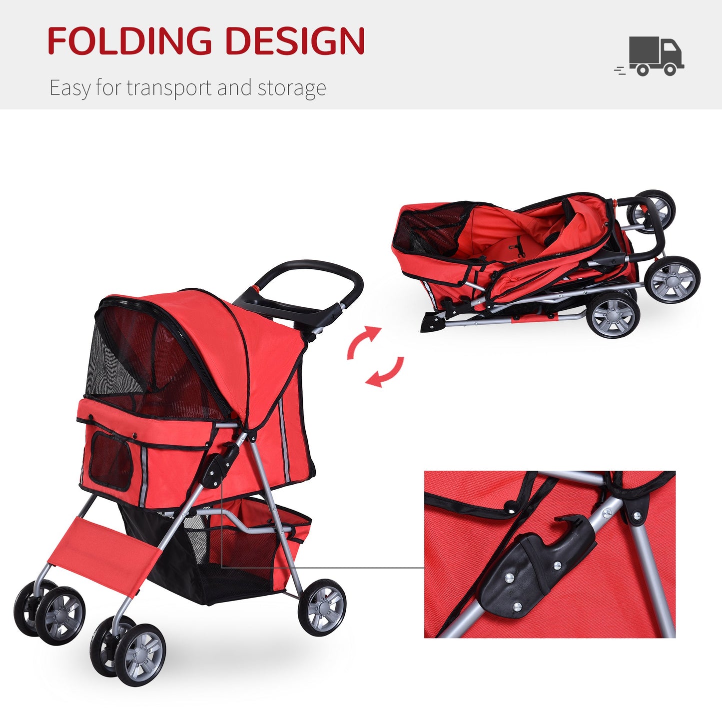 Pet Stroller Dog Pram Foldable Dog Pushchair Cat Travel Carriage w/ Wheels, Zipper Entry, for Small Pets, Red-4