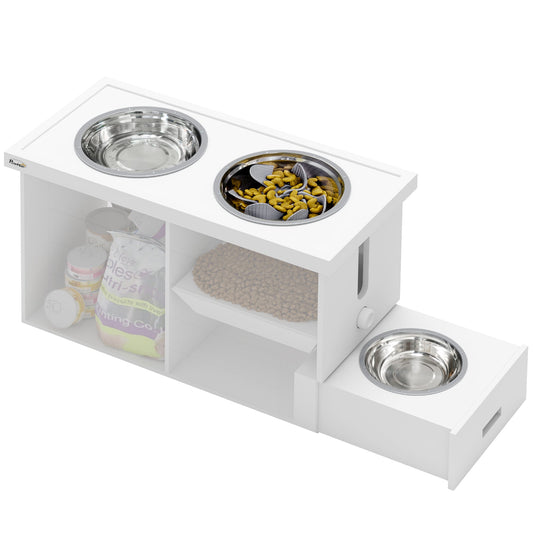 Raised Dog Bowls w/ Slow Feeder Mat, Storage Cabinet, 3 Stainless Steel Bowls, Semi-Auto Dispenser Function, White-0