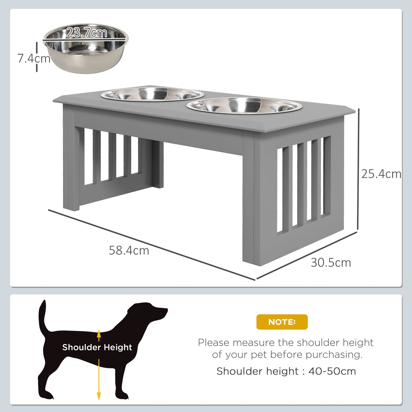 Raised Dog Feeding Bowls with Stand, Stainless Steel for Small and Medium Dog, 58L x 31W x 25H cm - Grey-2