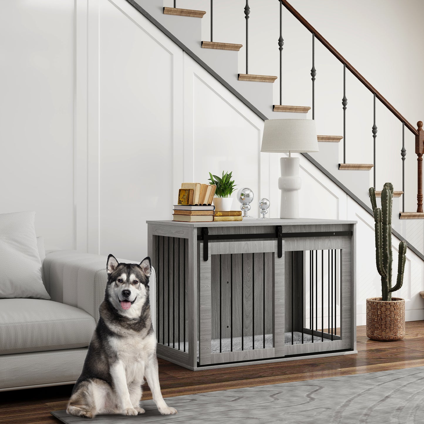 PawHut 100cm Dog Crate Furniture with Removable Cushion for Large Dogs in Grey-8