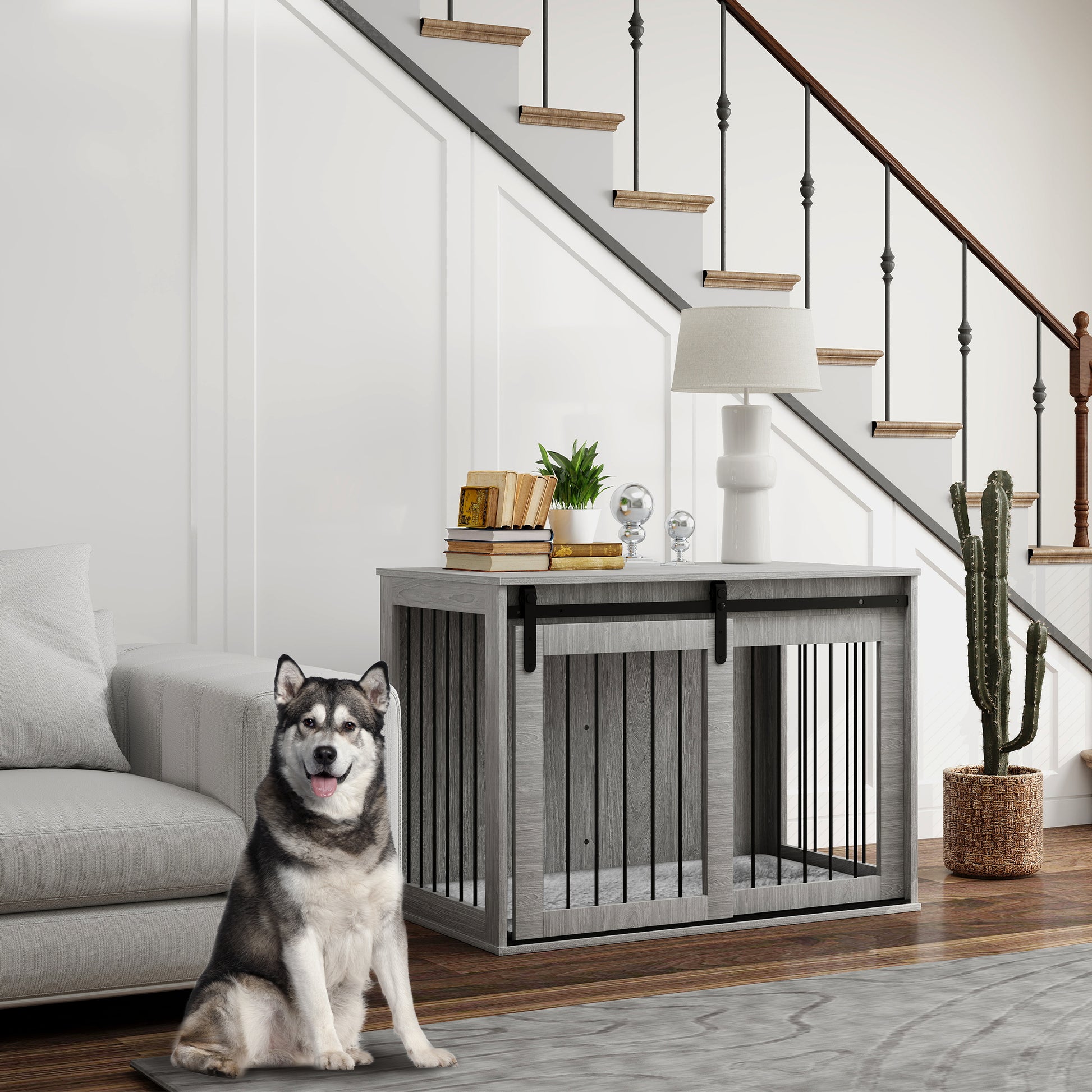 PawHut 100cm Dog Crate Furniture with Removable Cushion for Large Dogs in Grey-8