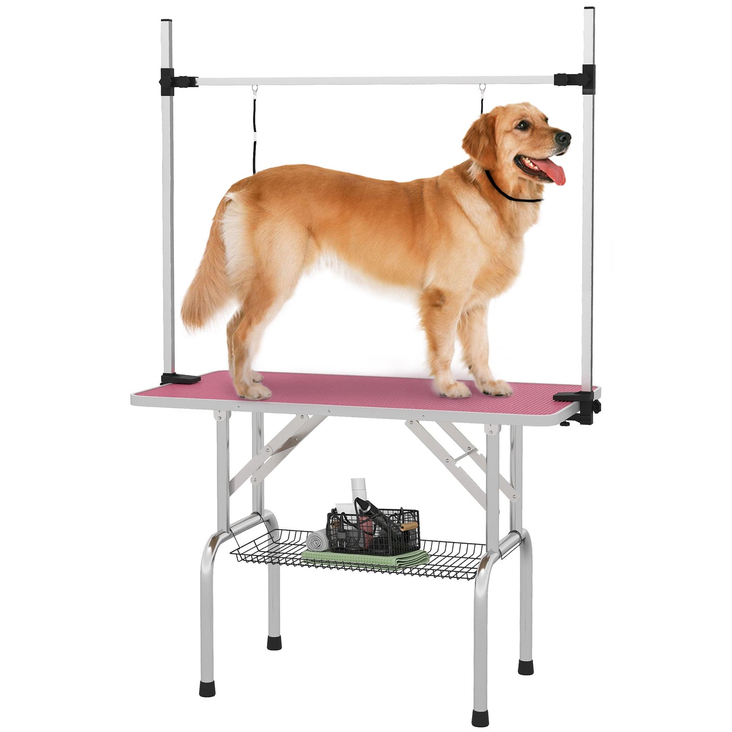 42" Dog Grooming Table, Adjustable Pet Cat Drying Beauty Table with 2 Loops Storage Basket, Rubber Top, Pink-0