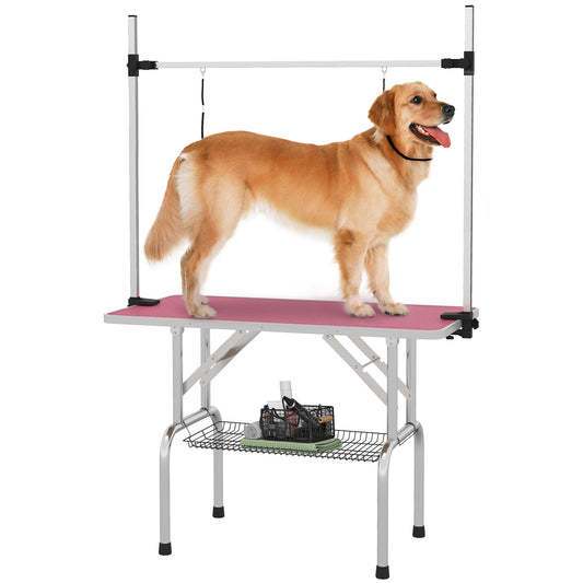 42" Dog Grooming Table, Adjustable Pet Cat Drying Beauty Table with 2 Loops Storage Basket, Rubber Top, Pink-0