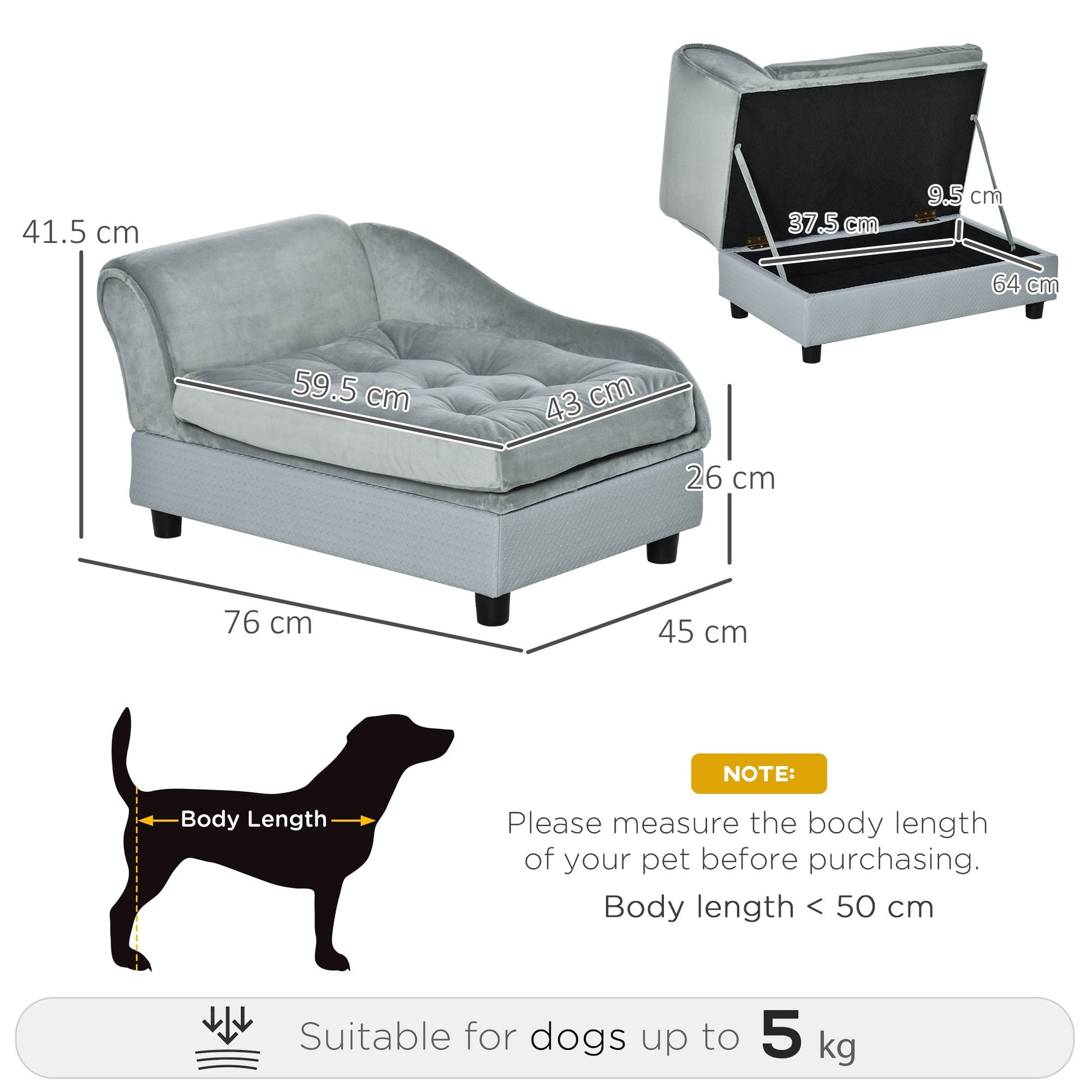 Dog Sofa with Storage, Pet Chair for Small Dogs, Cat Couch with Soft Cushion, Light Blue, 76 x 45 x 41.5 cm-2