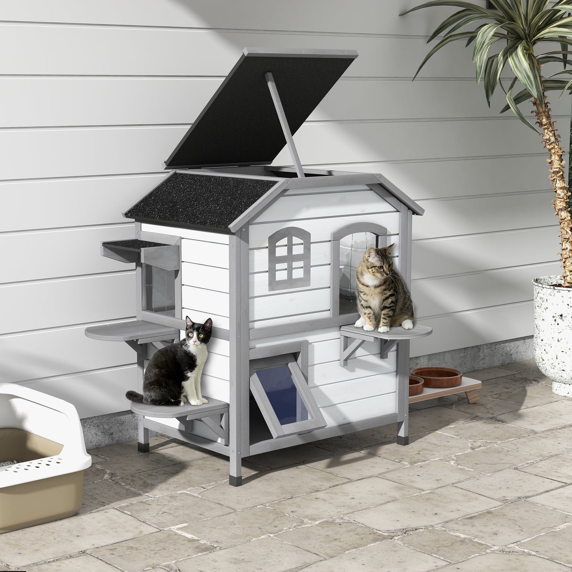 2-Story Indoor or Outdoor Cat House W/ Escape Door, Cat Shelter, White-1