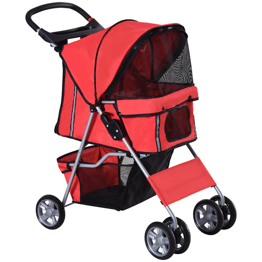 Pet Stroller Dog Pram Foldable Dog Pushchair Cat Travel Carriage w/ Wheels, Zipper Entry, for Small Pets, Red-0