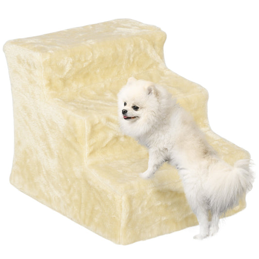 Three-Step Dog Stairs, with Washable Plush Cover, for High Bed Sofa, Dog Stairs for Small Dog and Cat - Beige-0