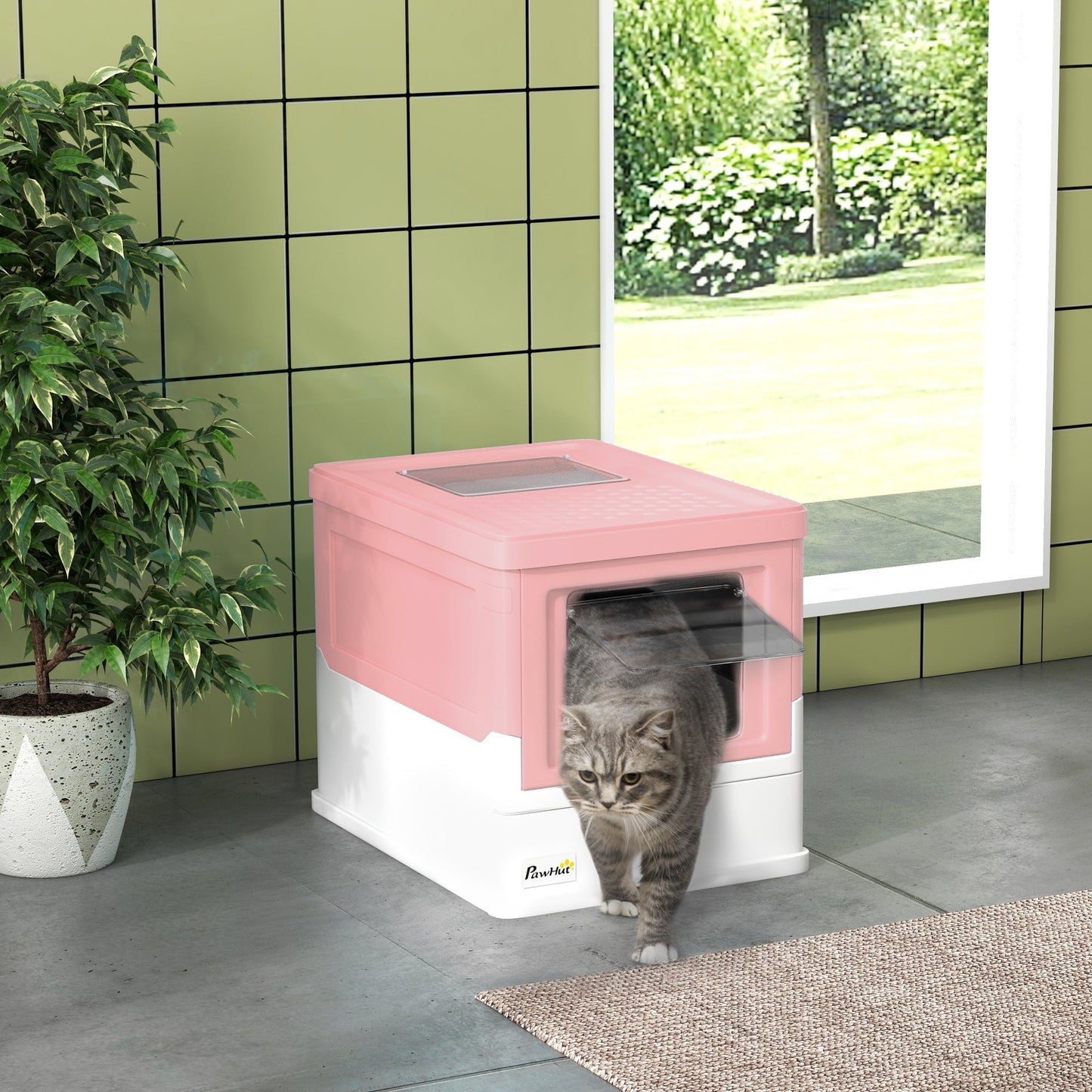 Hooded Cat Litter Box, Portable Pet Toilet, with Scoop, Front Entry - Pink-1