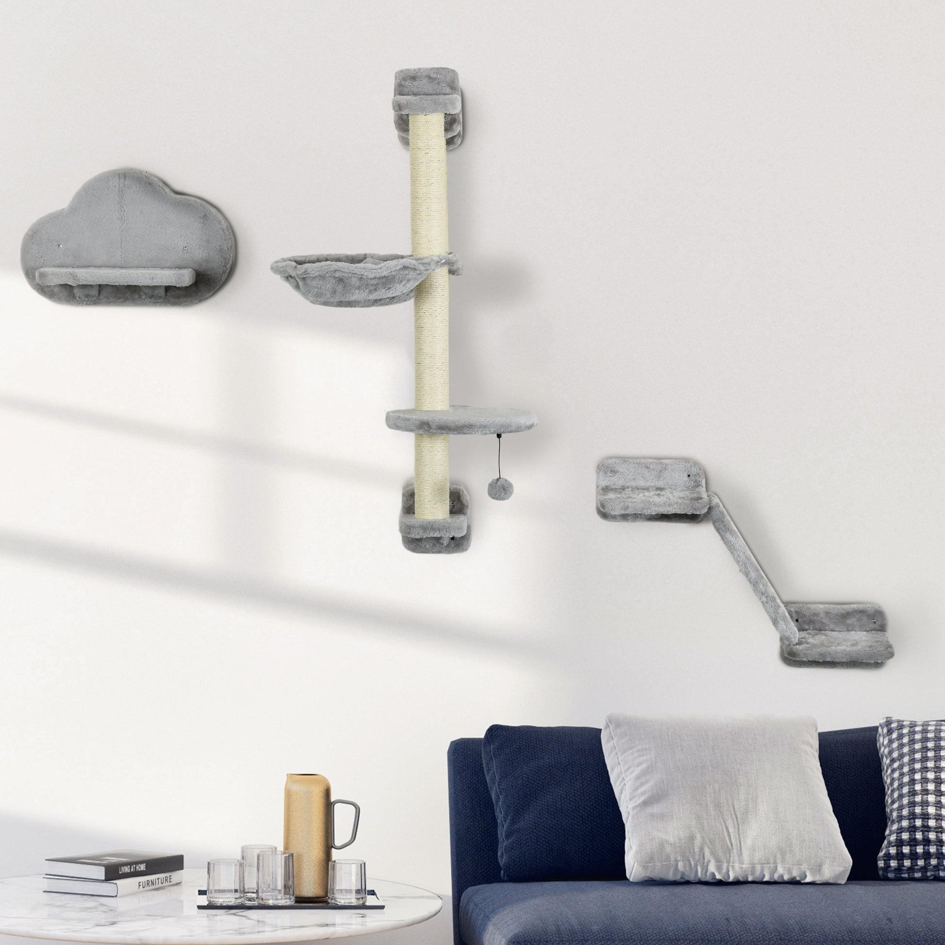 3 Pcs Wall Mounted Cat Shelves, w/ Hammock, Jumping Platform, Ladder, Scratching Post, Cat Wall Furniture w/ Play Ball for Large Cats, Grey-1