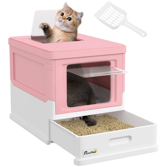Hooded Cat Litter Box, Portable Pet Toilet, with Scoop, Front Entry - Pink-0