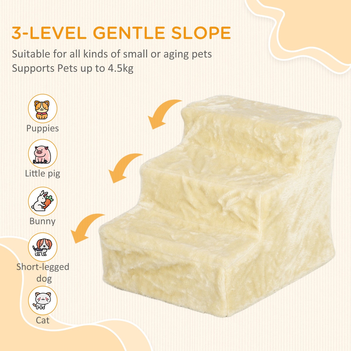 Three-Step Dog Stairs, with Washable Plush Cover, for High Bed Sofa, Dog Stairs for Small Dog and Cat - Beige-3