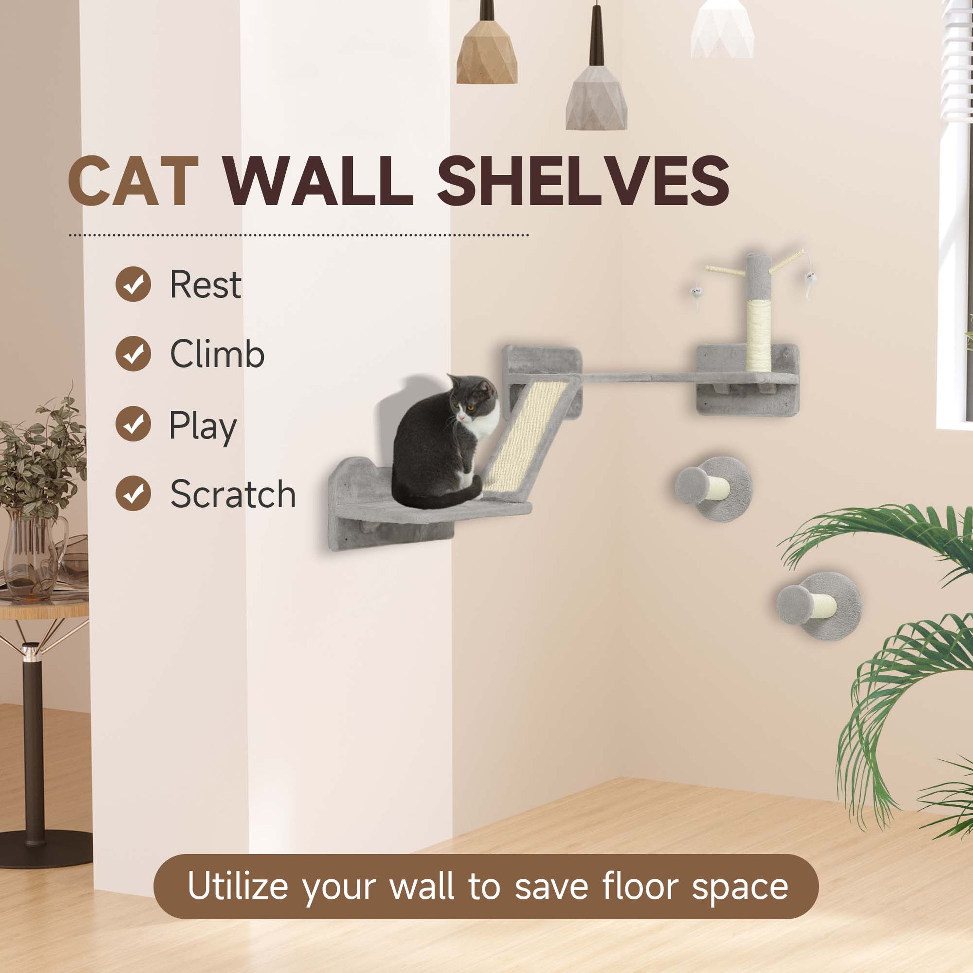 3-Piece Cat Wall Furniture with Scratching Posts, Scratching Pads, Perches, Cat Wands, Toy Balls, Light Grey-3