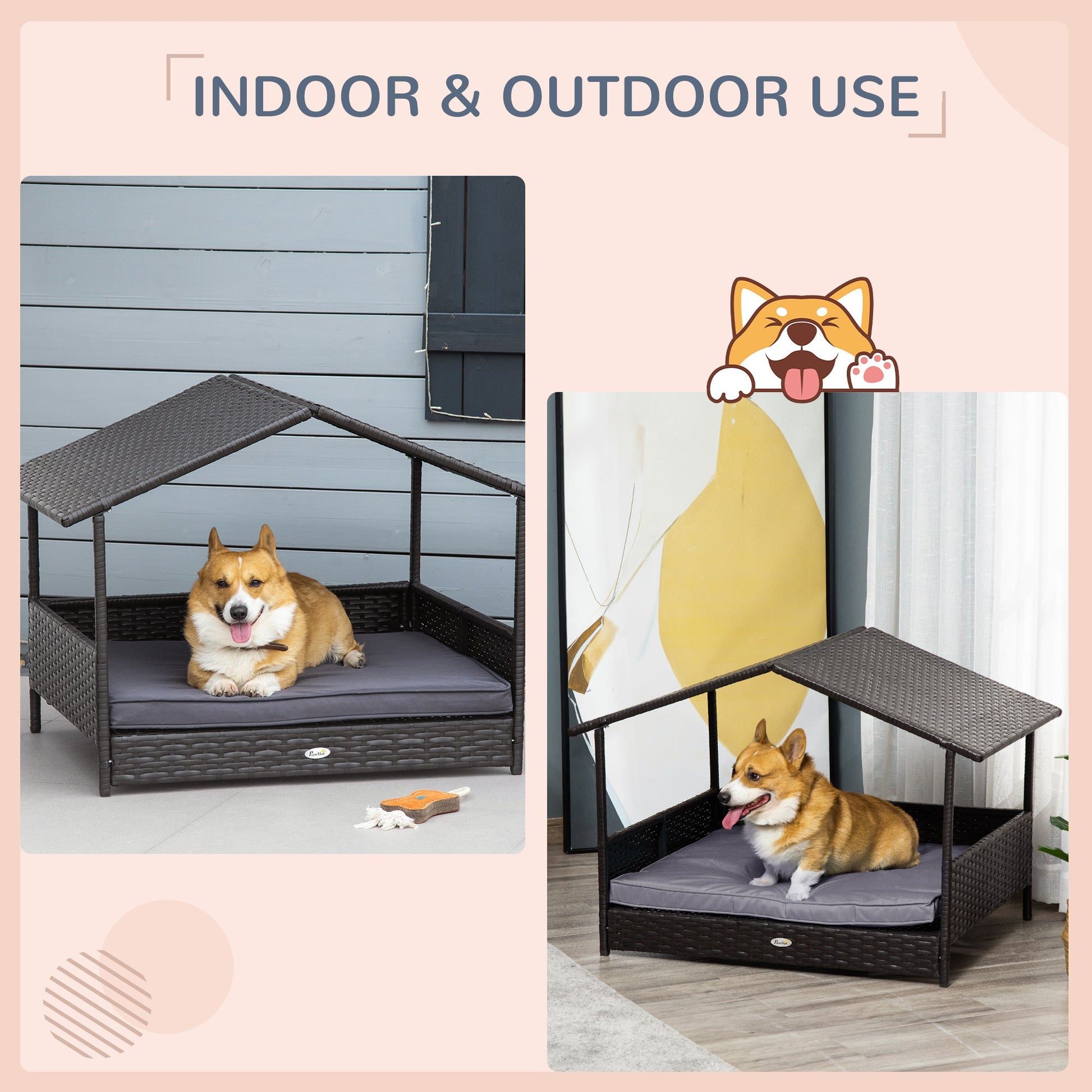 Rattan Dog House, Elevated Wicker Pet Bed Lounge with Removable Cushion and Canopy, for Small and Medium Dogs, 98 x 69 x 73cm - Grey-3
