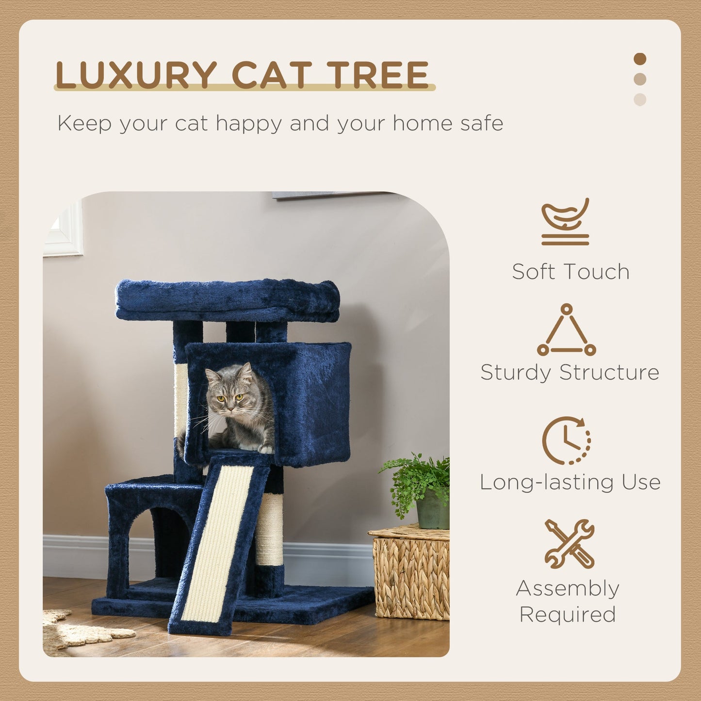 Sisal Cat Rest & Play Activity Tree w/ 2 House Navy Blue-3