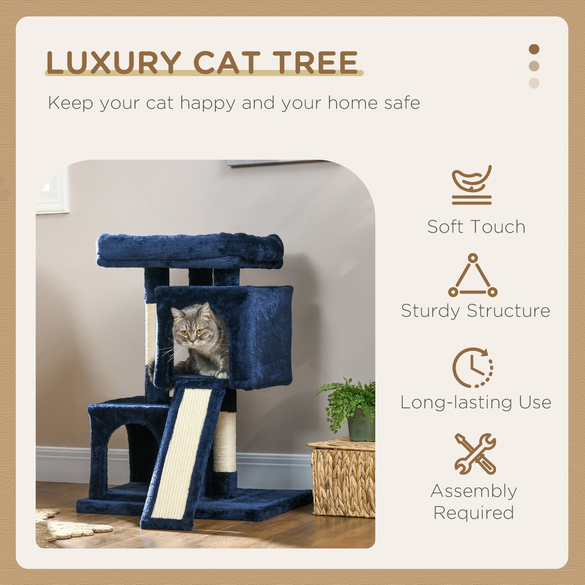 Sisal Cat Rest & Play Activity Tree w/ 2 House Navy Blue-3
