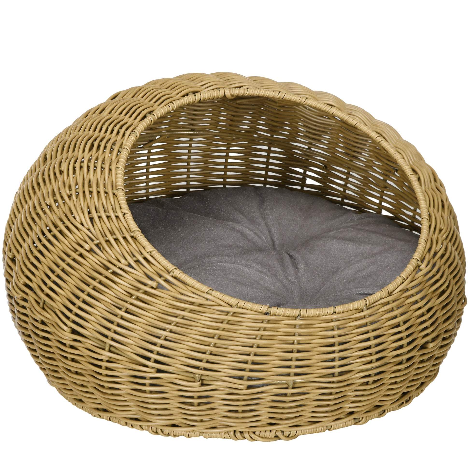 Wicker Cat House with Washable Cushion for Indoor Cats, Light Brown-0